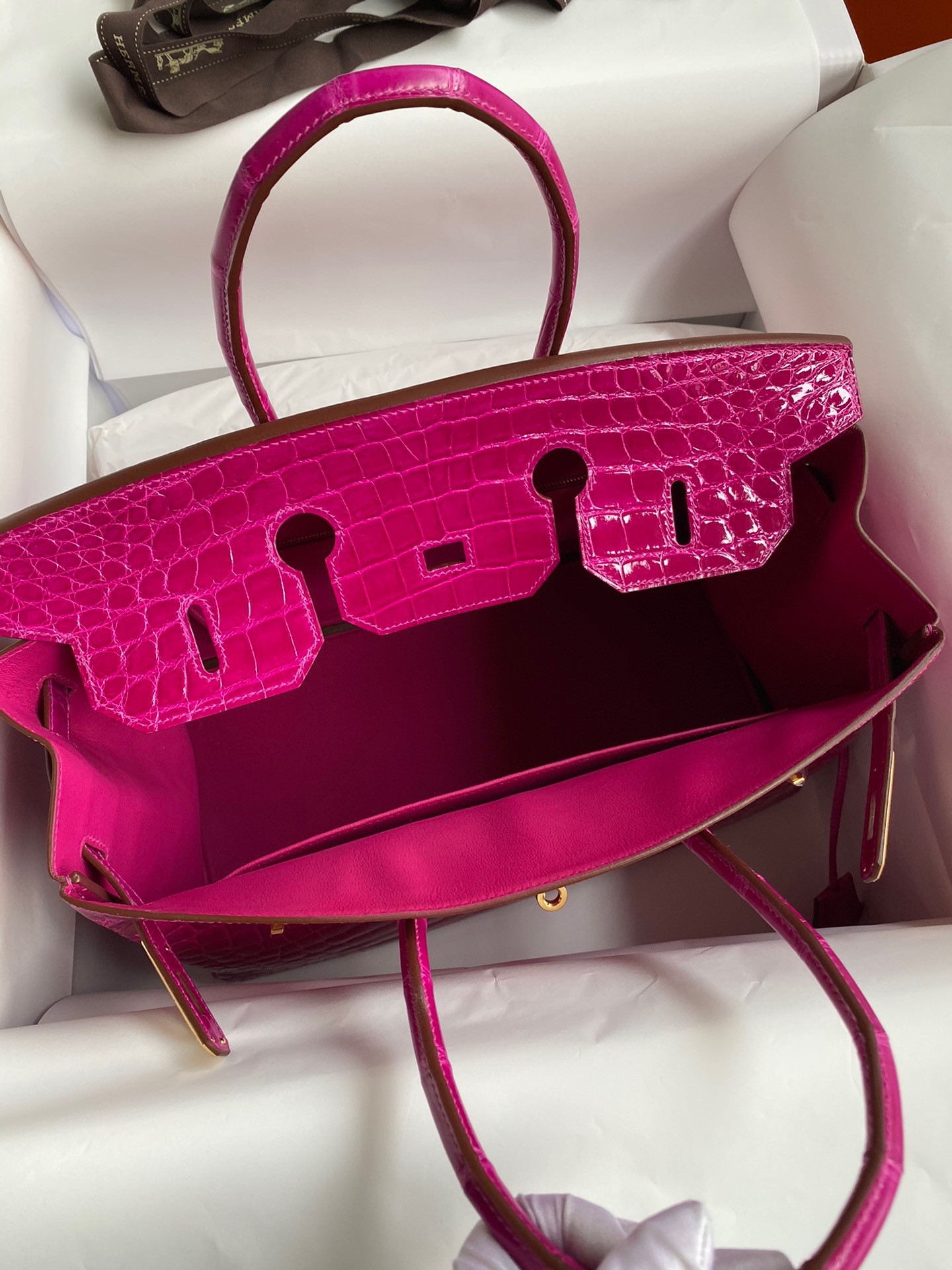 H**mes birkin 35 handmade bag in rose scheherazade crocodile niloticus shiny skin