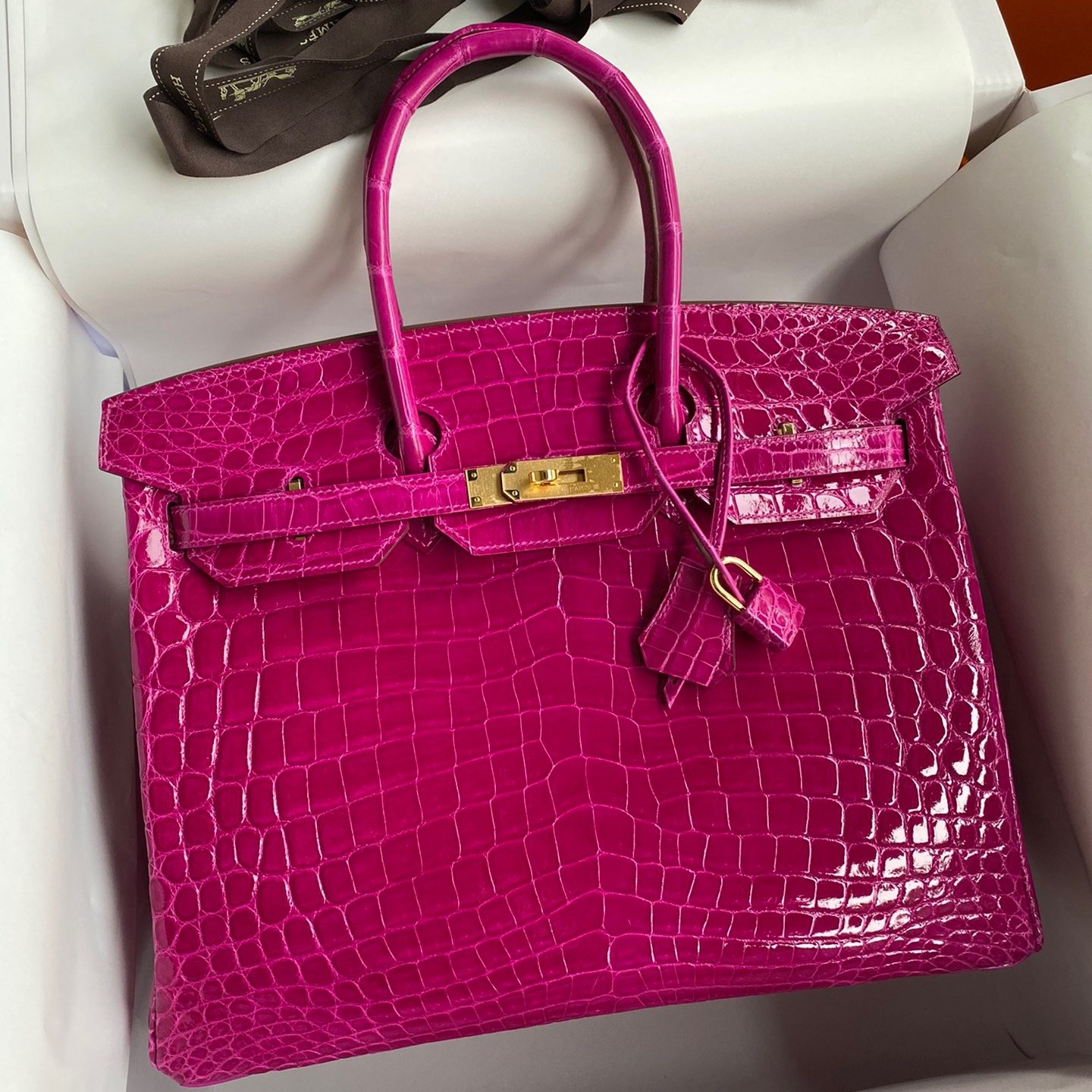 H**mes birkin 35 handmade bag in rose scheherazade crocodile niloticus shiny skin