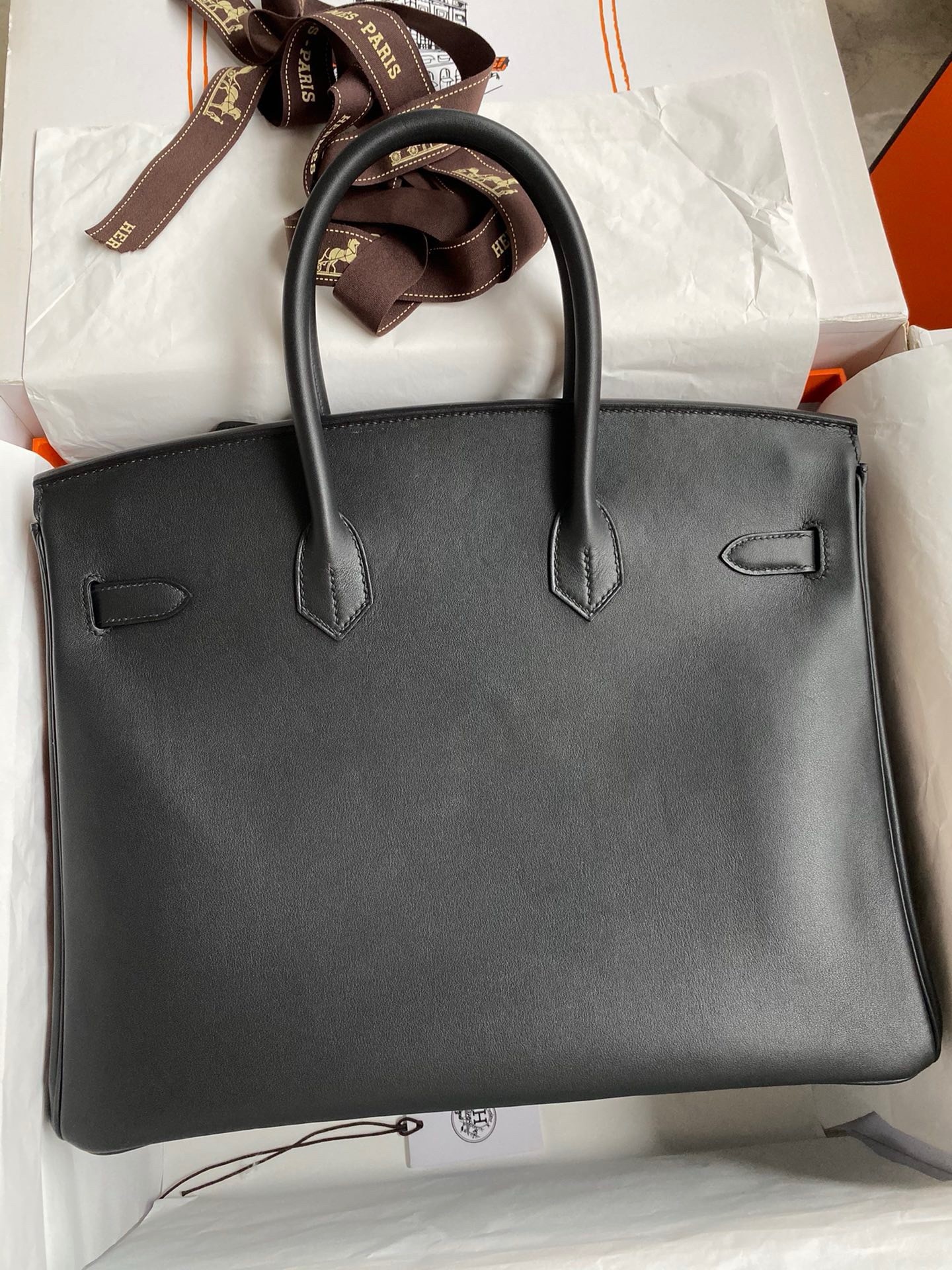 H**mes birkin 35 retourne handmade bag in black swift leather