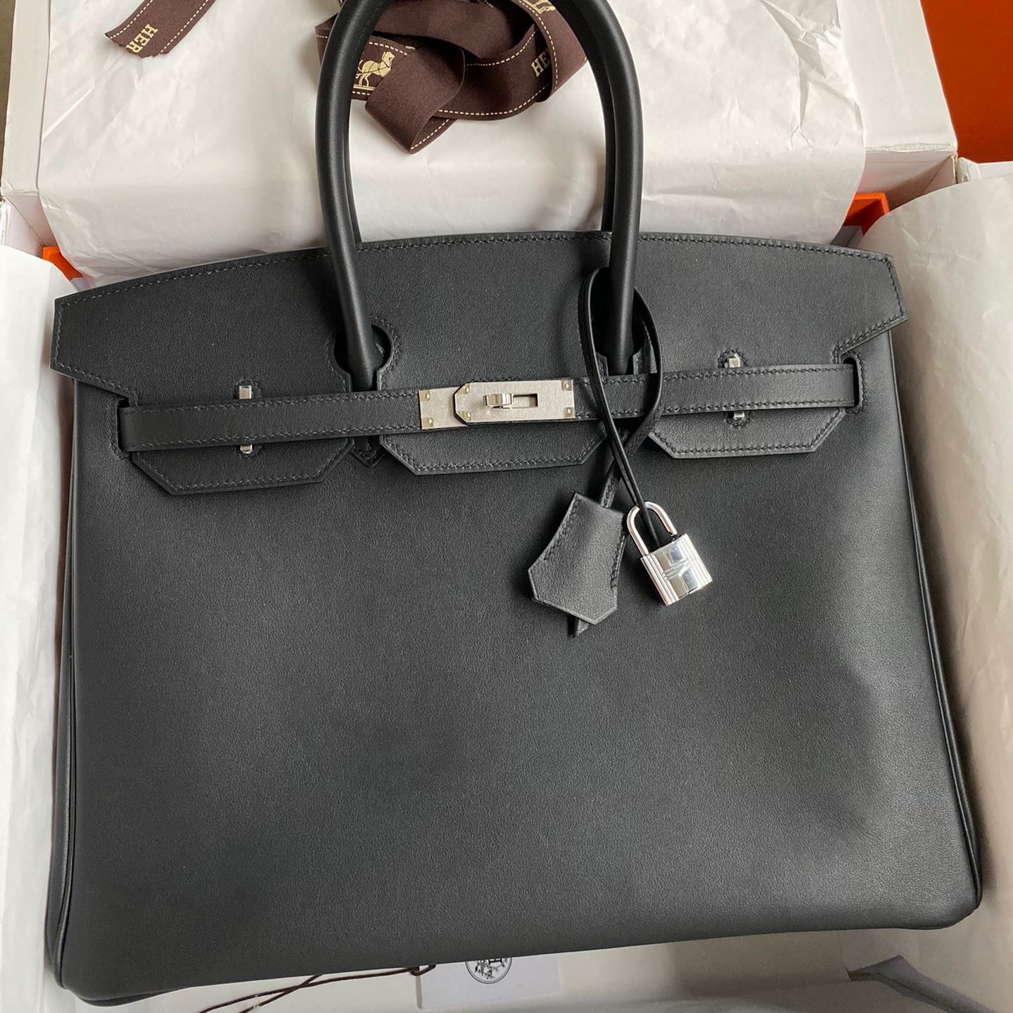 H**mes birkin 35 retourne handmade bag in black swift leather