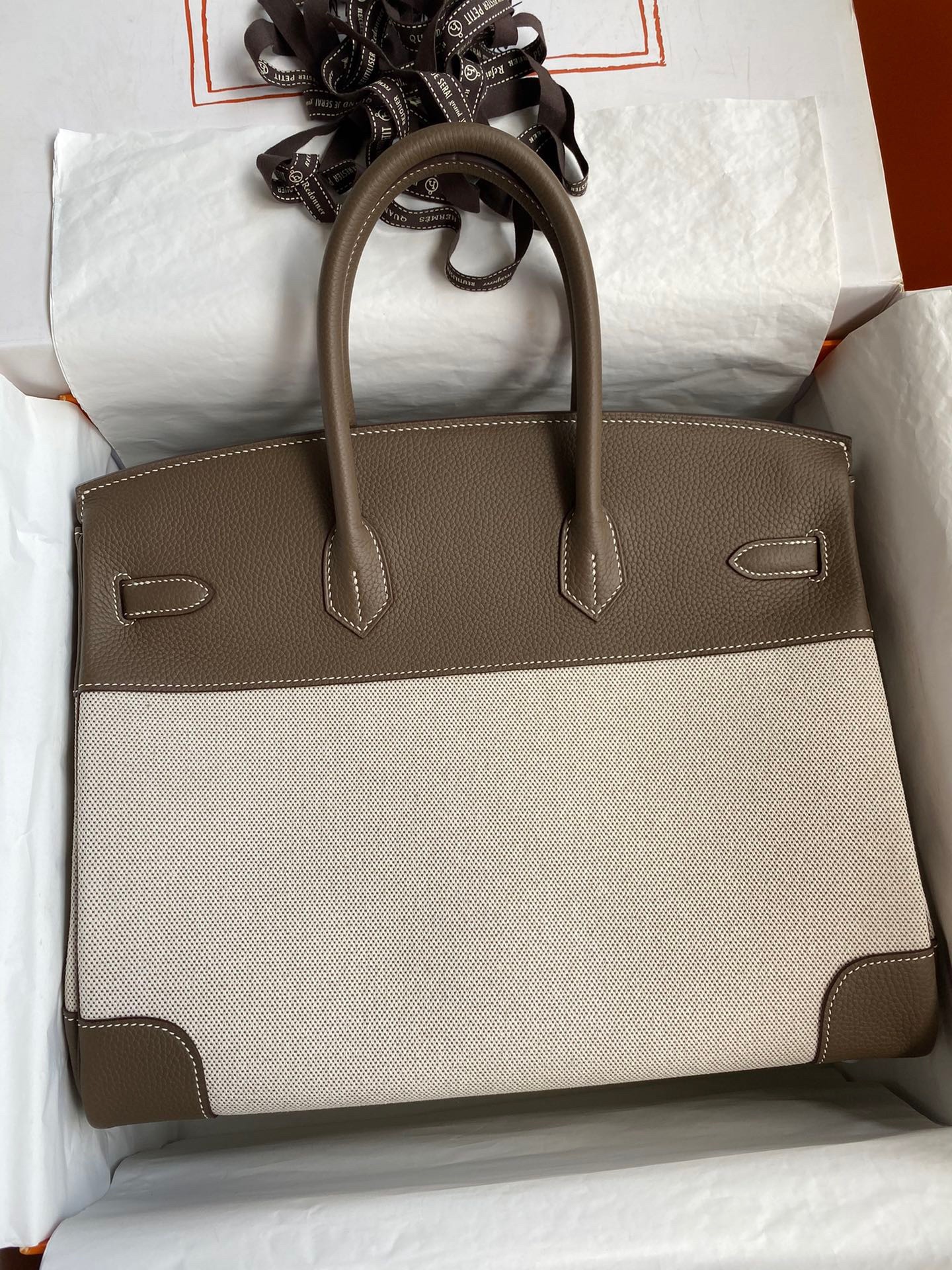 H**mes birkin 35 handmade bag in toile & taupe clemence leather