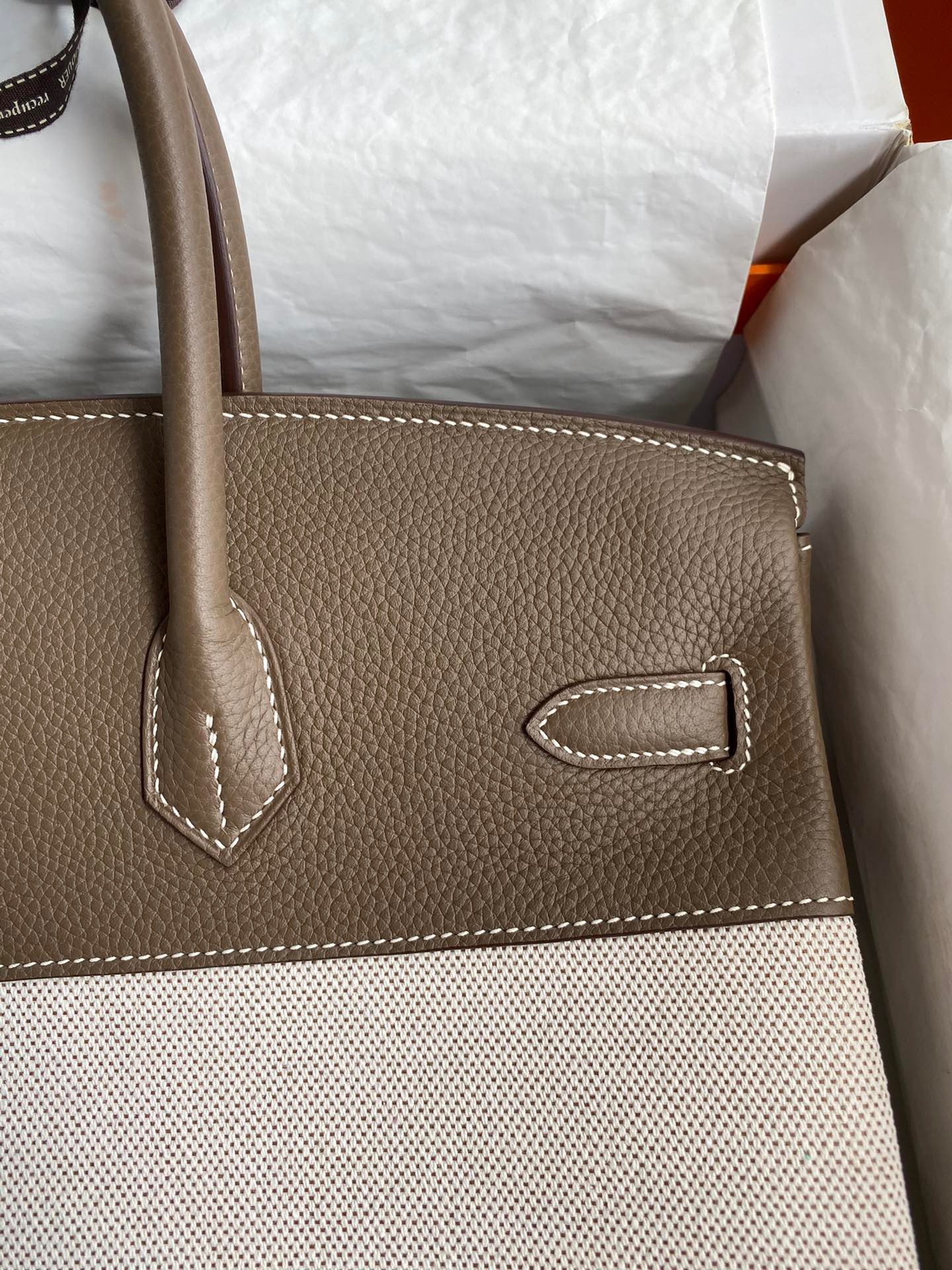 H**mes birkin 35 handmade bag in toile & taupe clemence leather