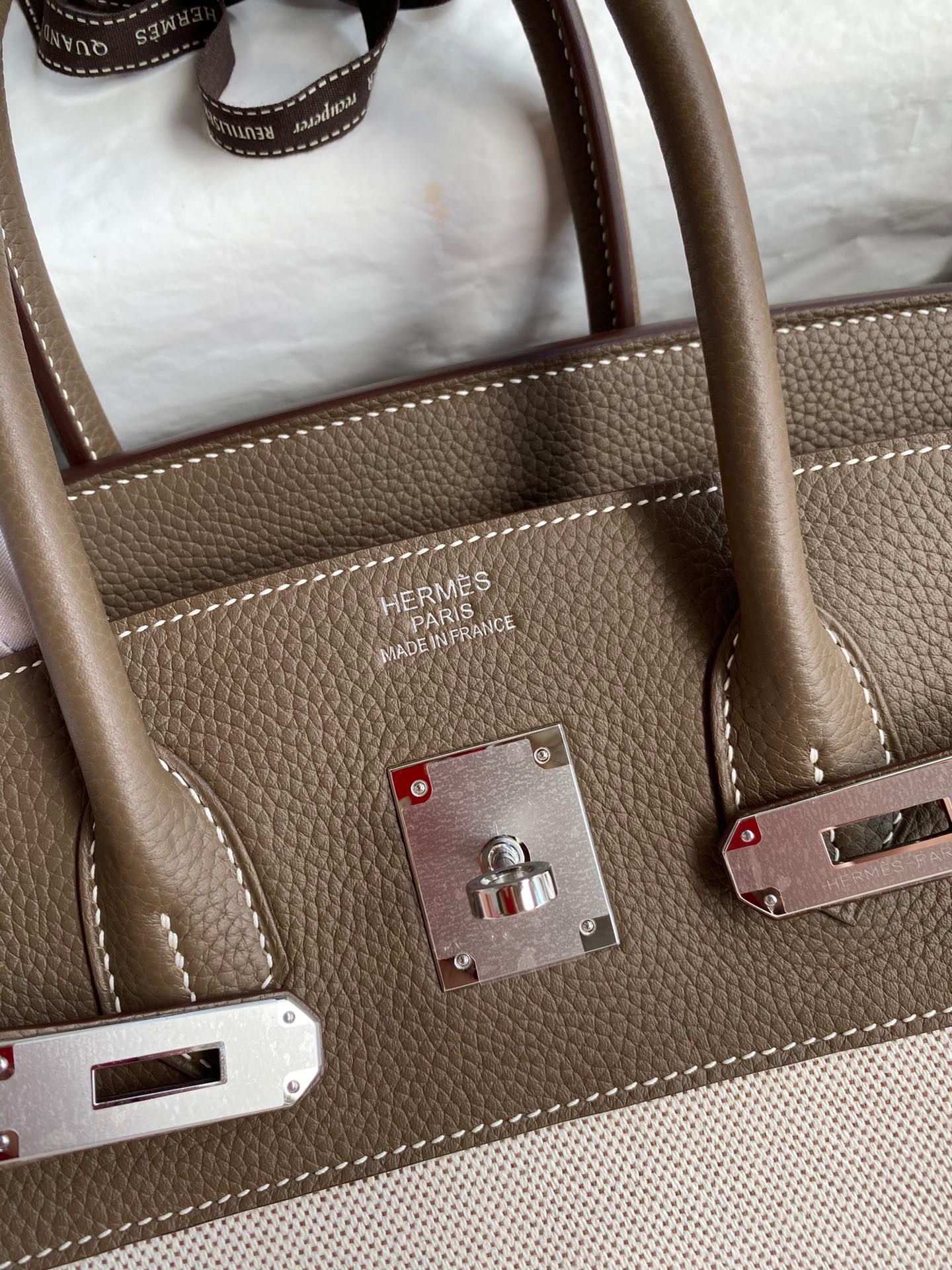 H**mes birkin 35 handmade bag in toile & taupe clemence leather