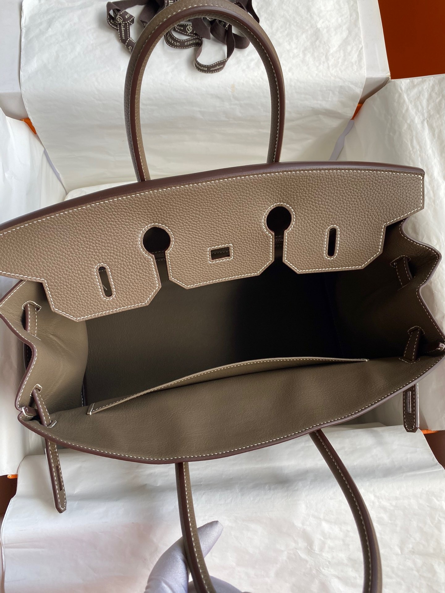 H**mes birkin 35 handmade bag in toile & taupe clemence leather