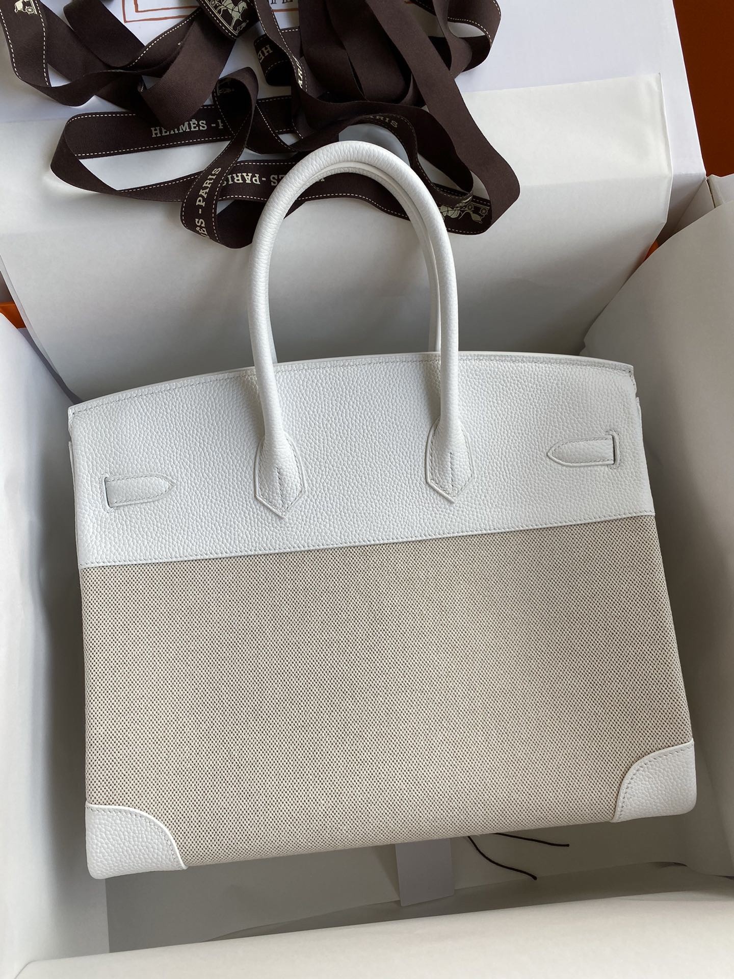 H**mes birkin 35 handmade bag in toile & white clemence leather