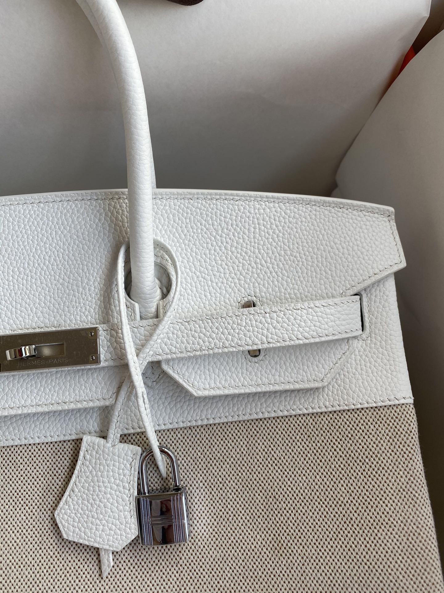 H**mes birkin 35 handmade bag in toile & white clemence leather