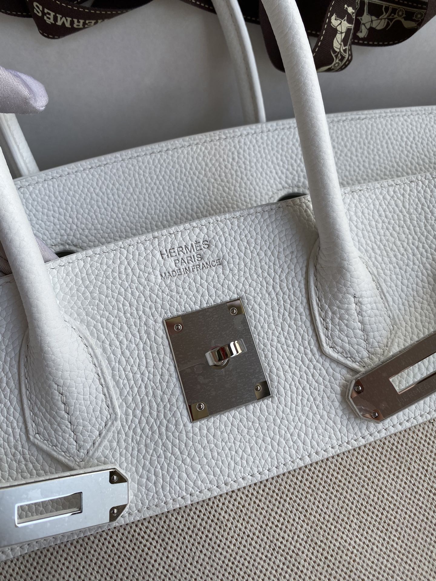 H**mes birkin 35 handmade bag in toile & white clemence leather