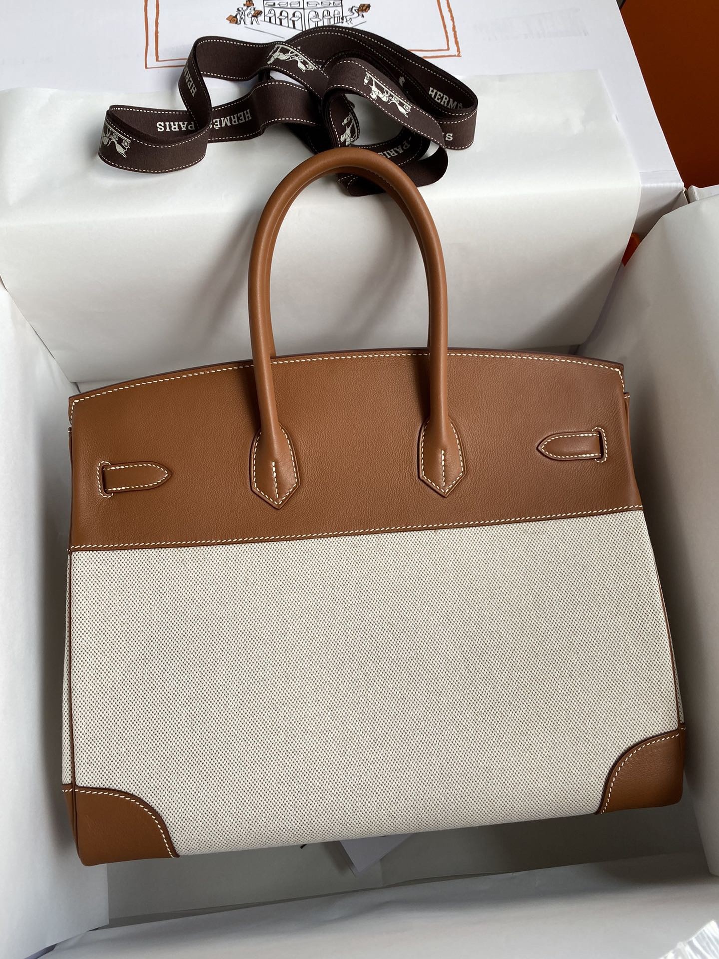 H**mes birkin 35 handmade bag in toile & gold swift leather