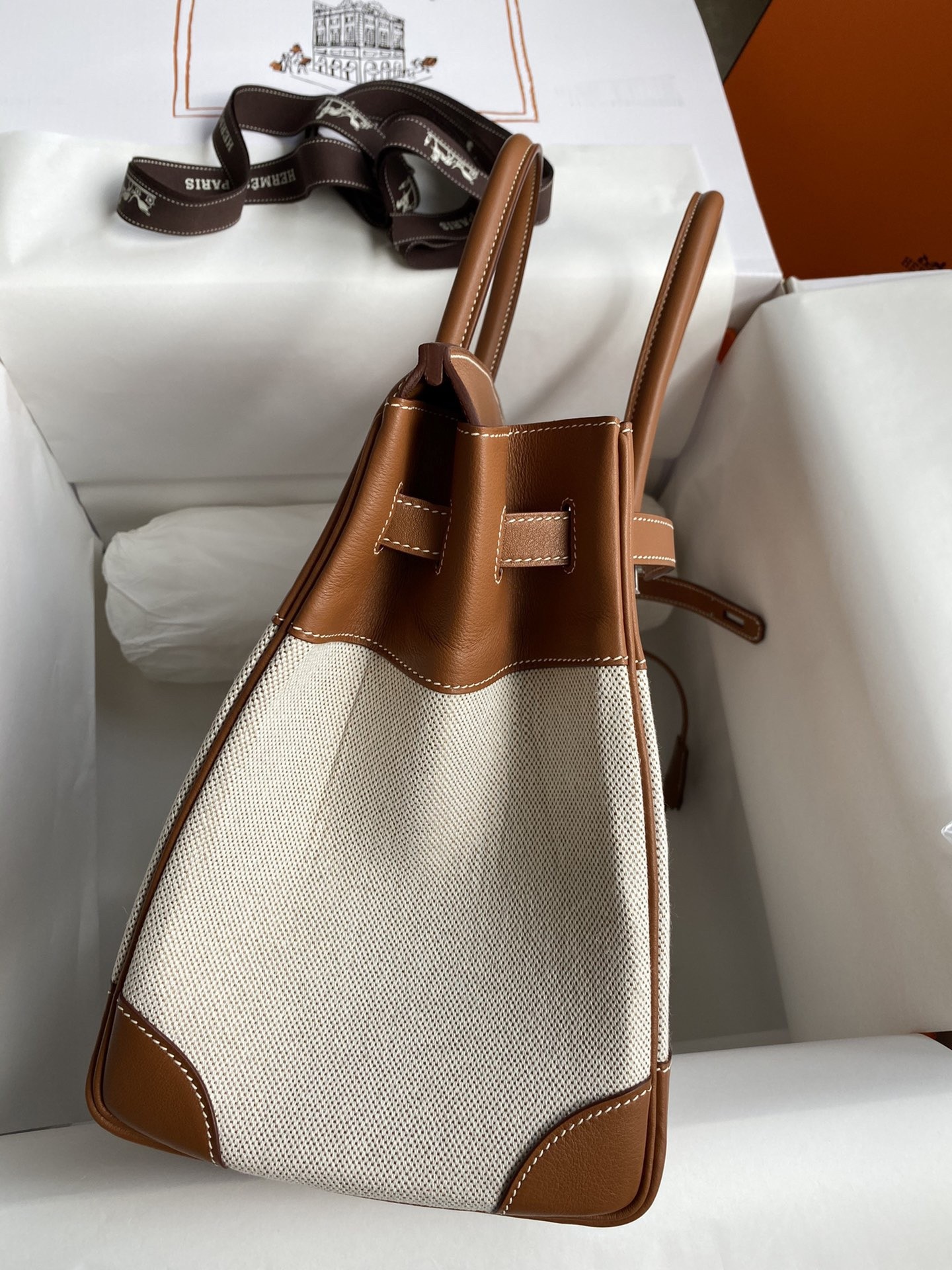 H**mes birkin 35 handmade bag in toile & gold swift leather
