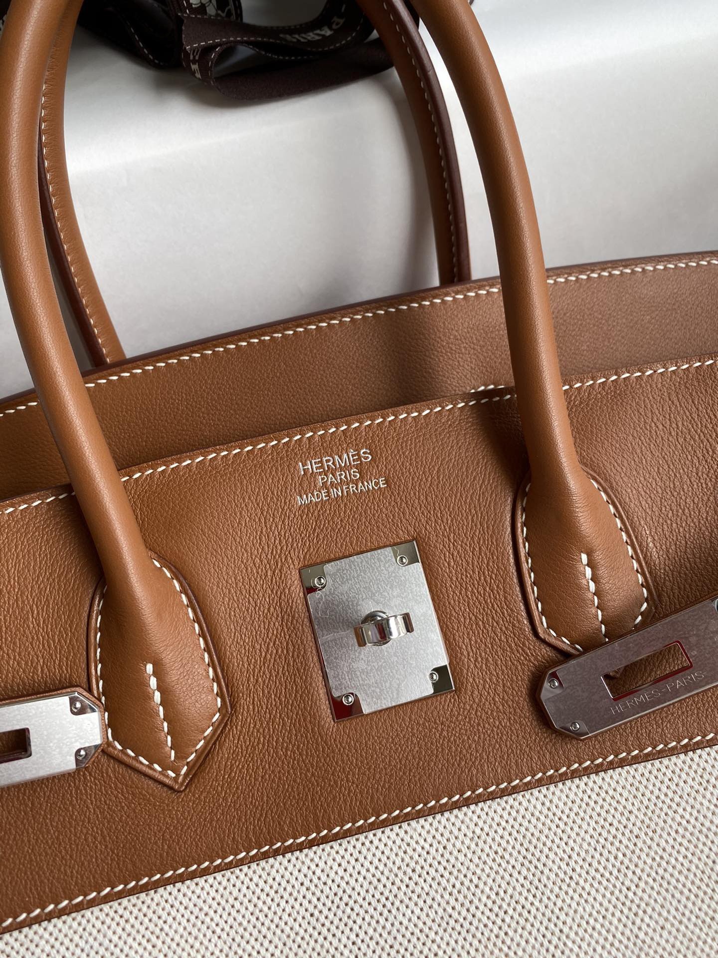 H**mes birkin 35 handmade bag in toile & gold swift leather