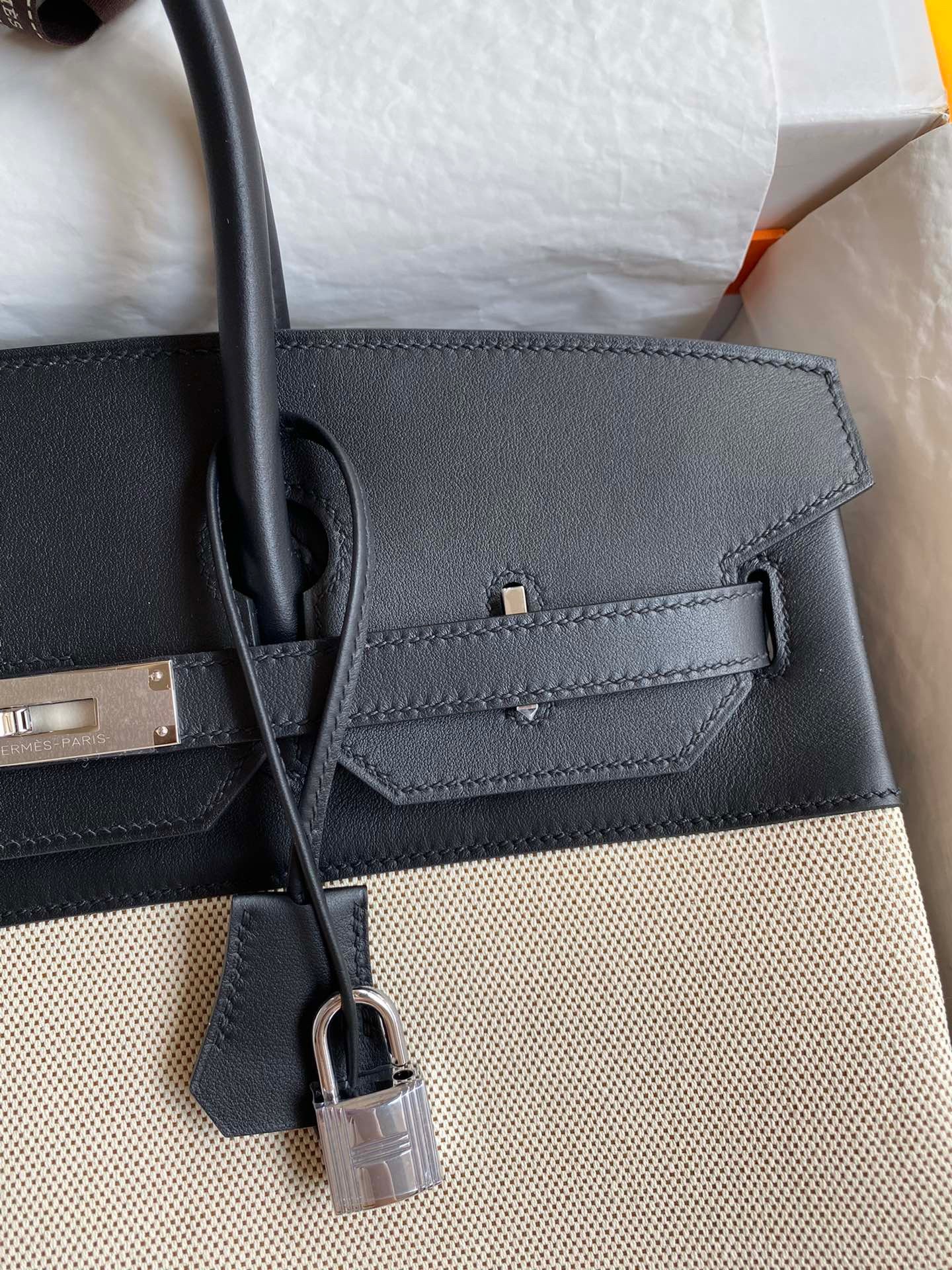H**mes birkin 35 handmade bag in toile & black swift leather