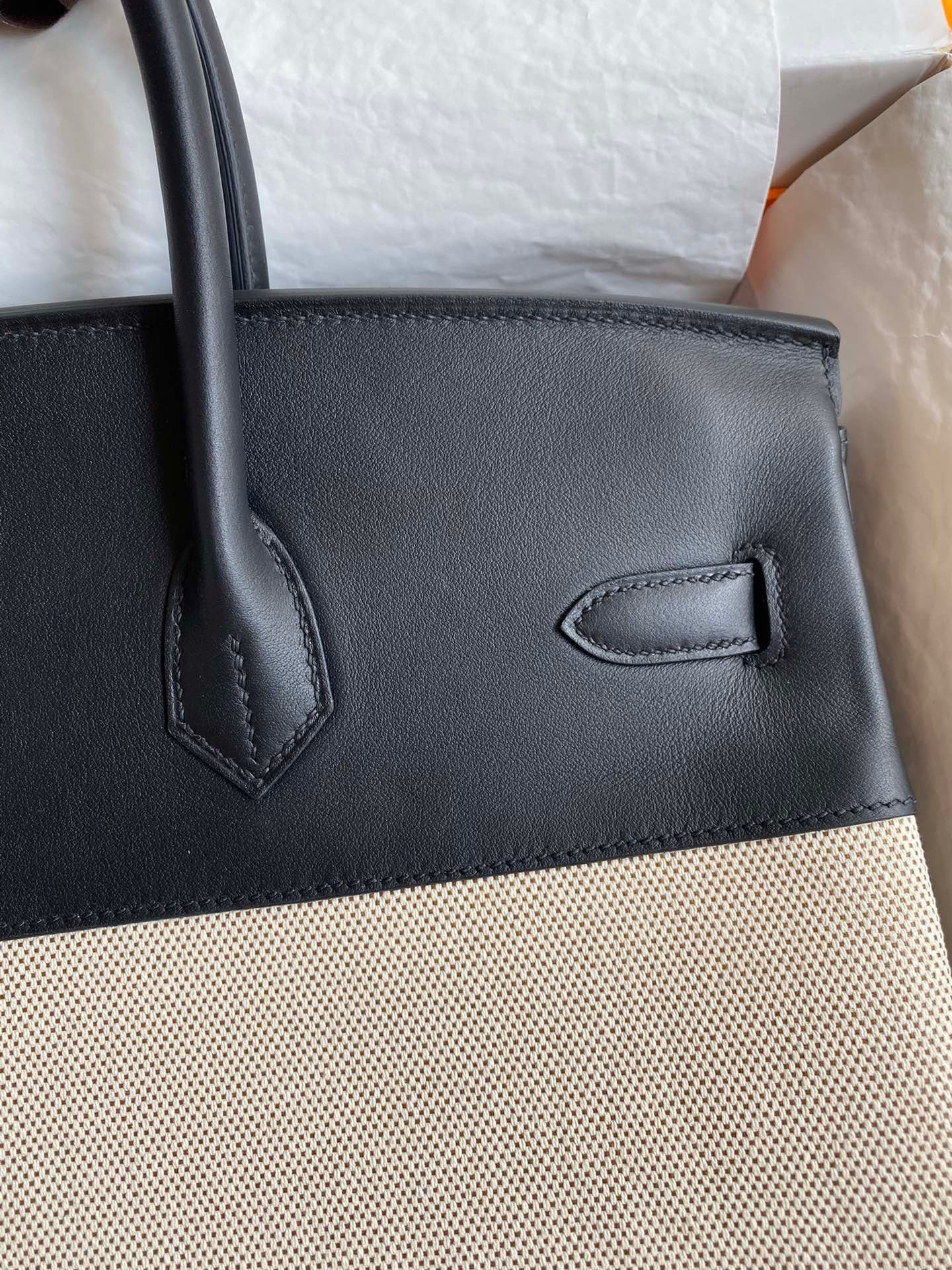 H**mes birkin 35 handmade bag in toile & black swift leather