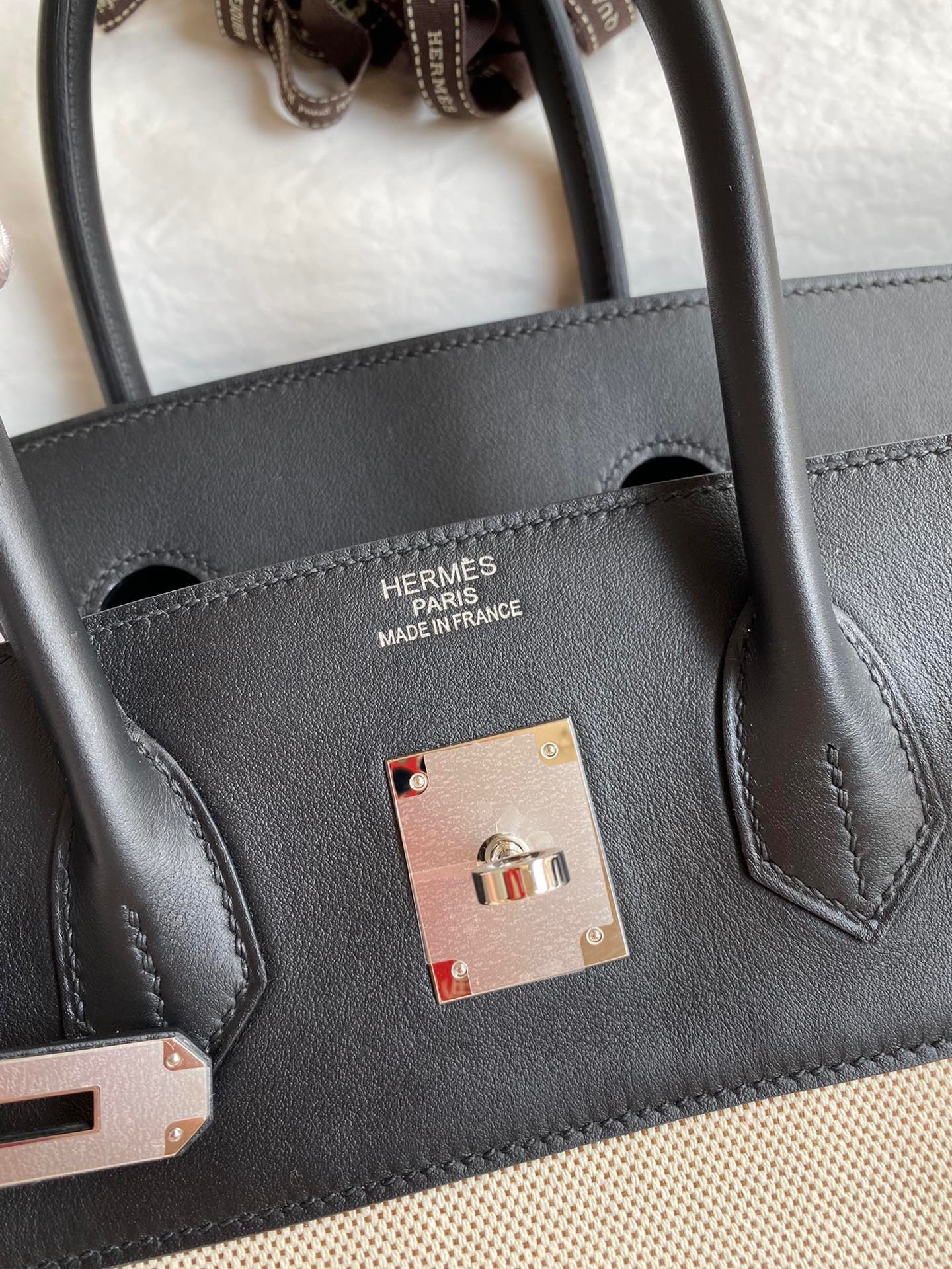 H**mes birkin 35 handmade bag in toile & black swift leather