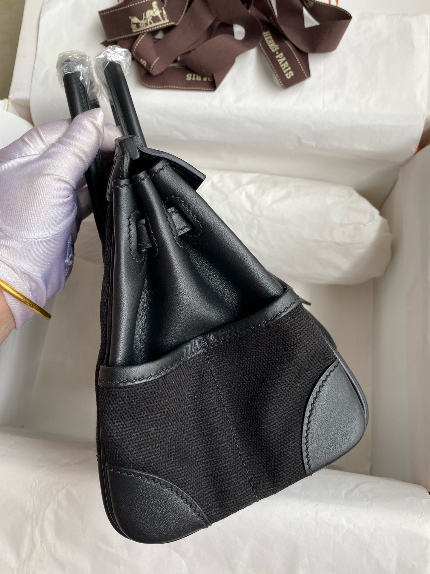 H**mes birkin cargo 25 bag in black toile and swift leather