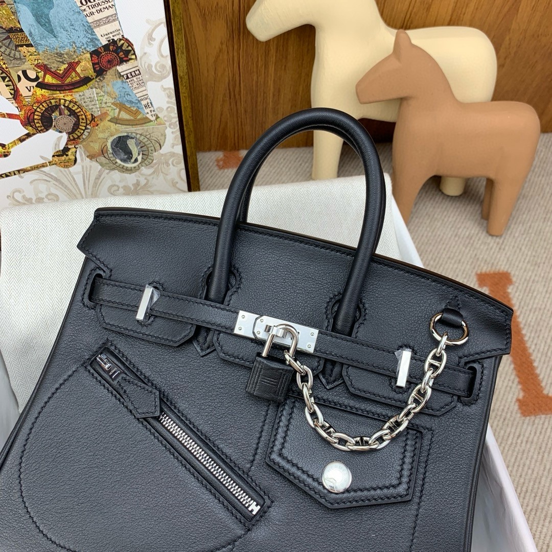 H**mes birkin rock 25 handmade bag in black volupto leather