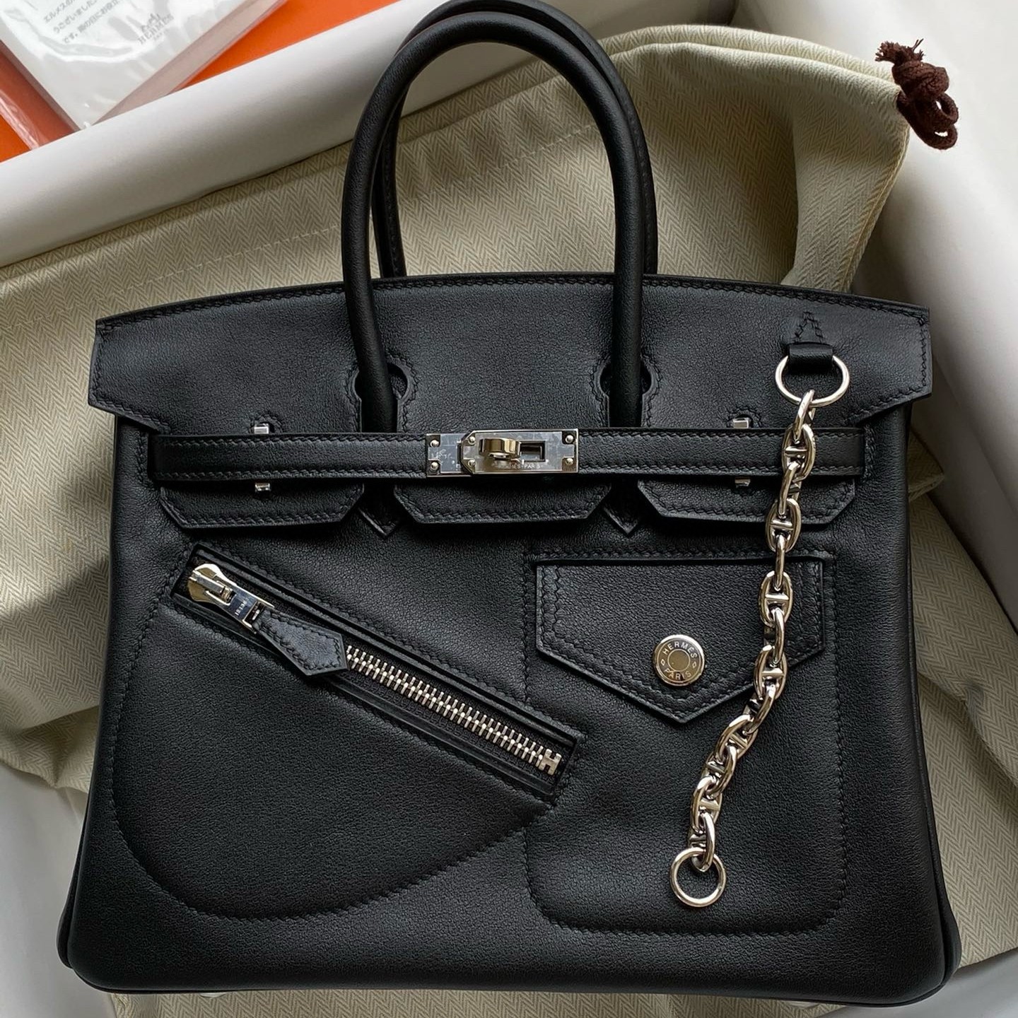 H**mes birkin rock 25 handmade bag in black volupto leather