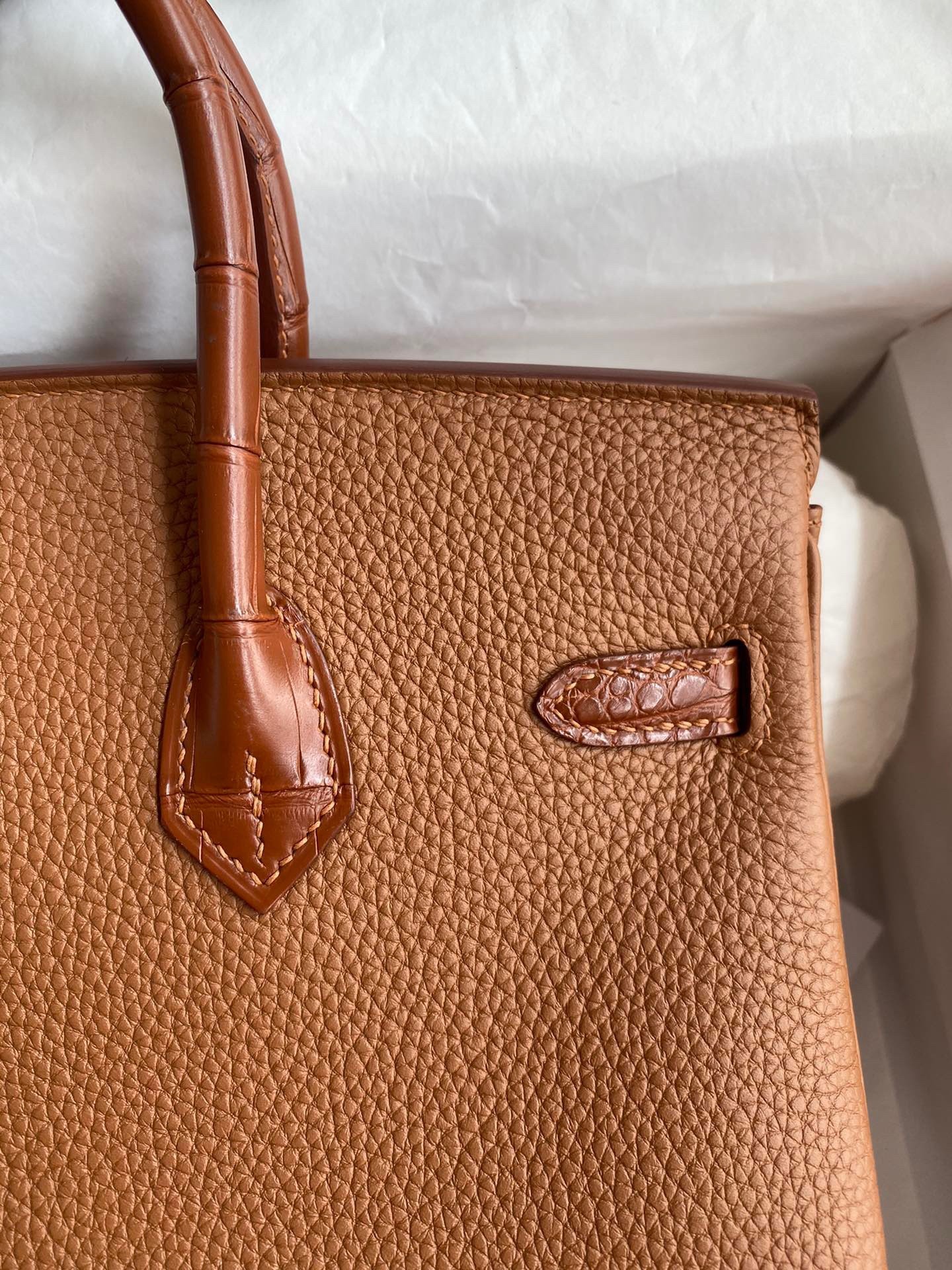 H**mes touch birkin 25 bag in gold togo and matte alligator leather