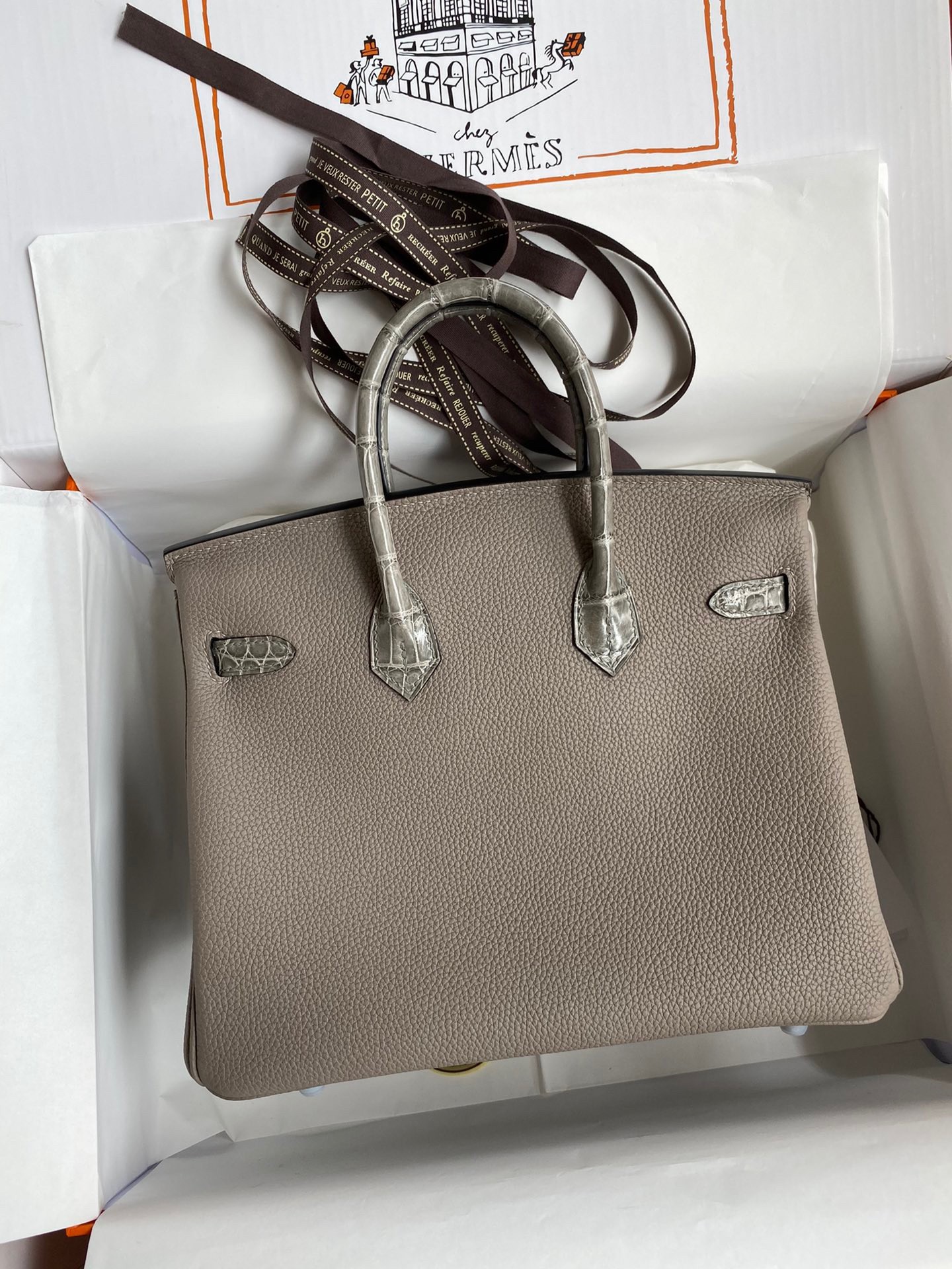 H**mes touch birkin 25 bag in gris asphalt shiny niloticus crocodile skin