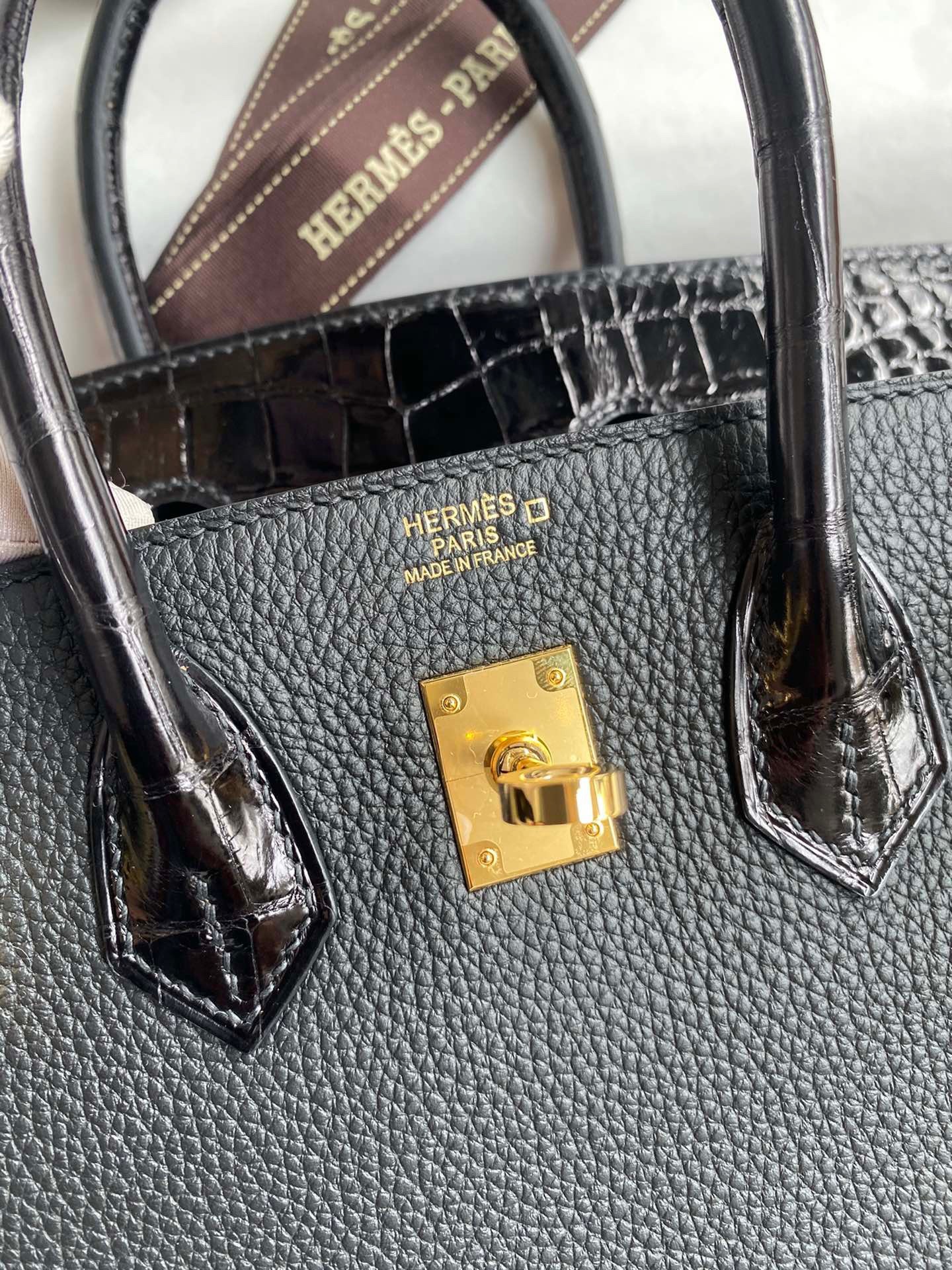 H**mes touch birkin 25 bag in black togo and shiny alligator leather