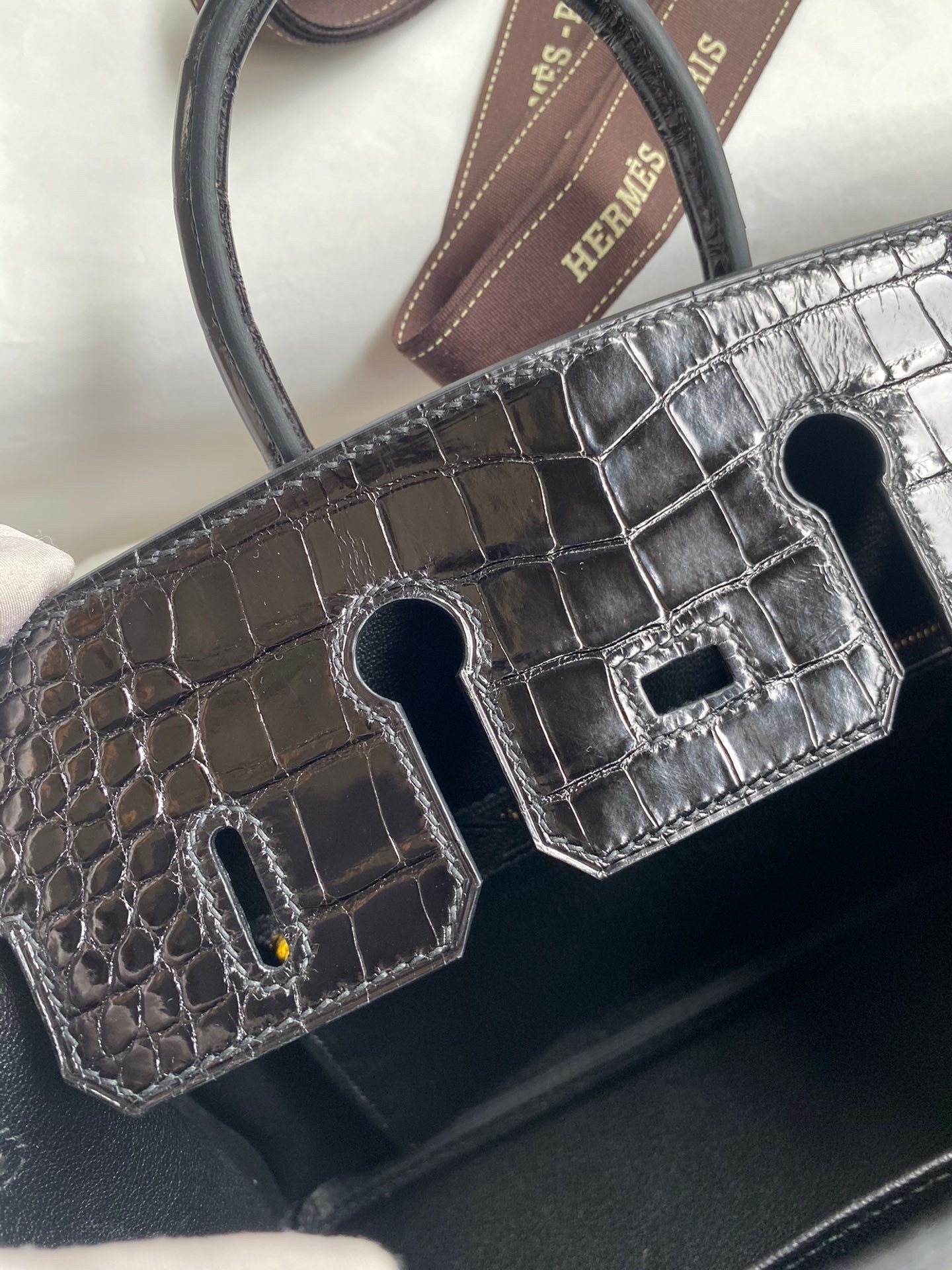 H**mes touch birkin 25 bag in black togo and shiny alligator leather