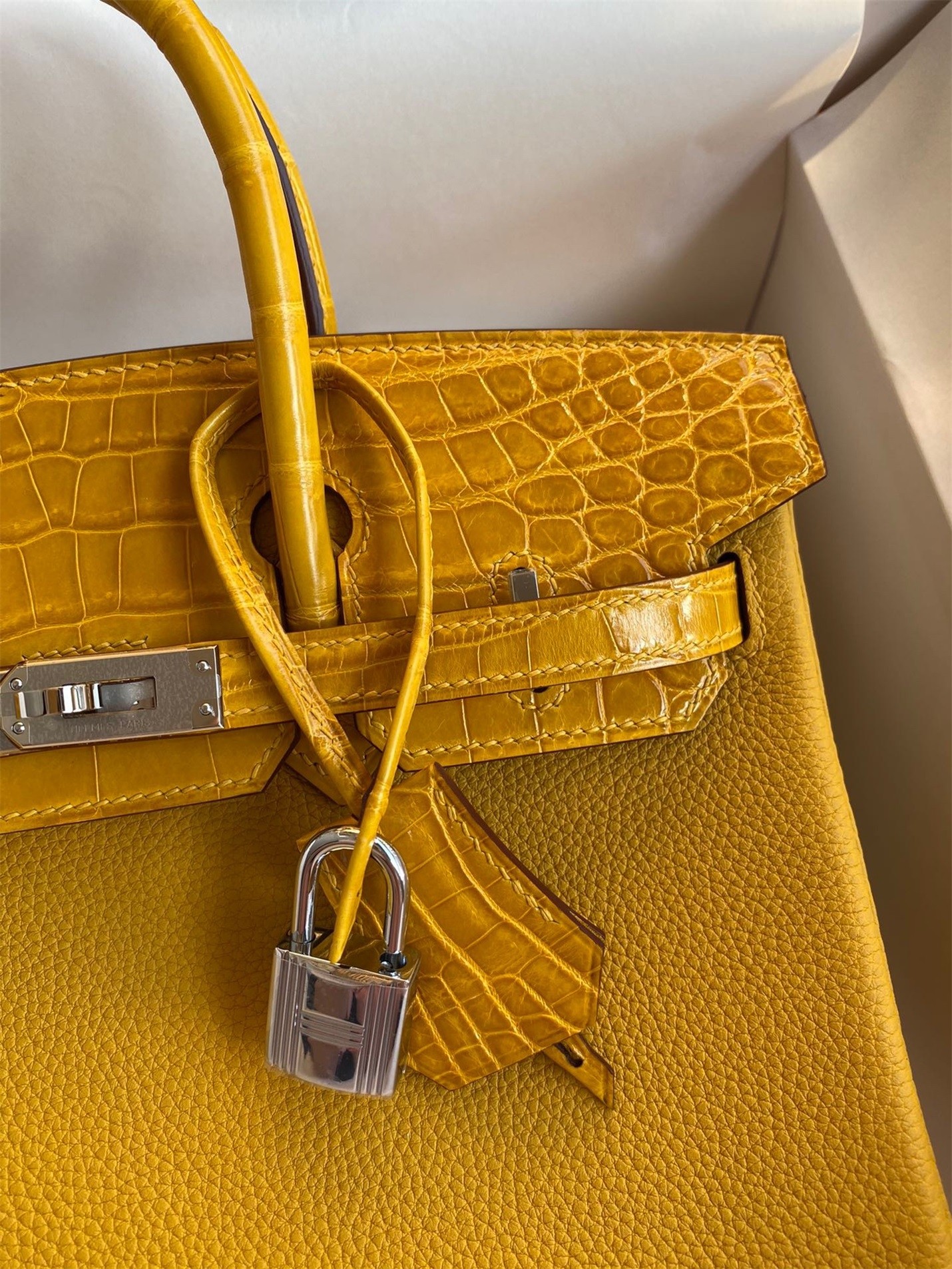 H**mes touch birkin 25 bag in yellow togo and matte alligator leather