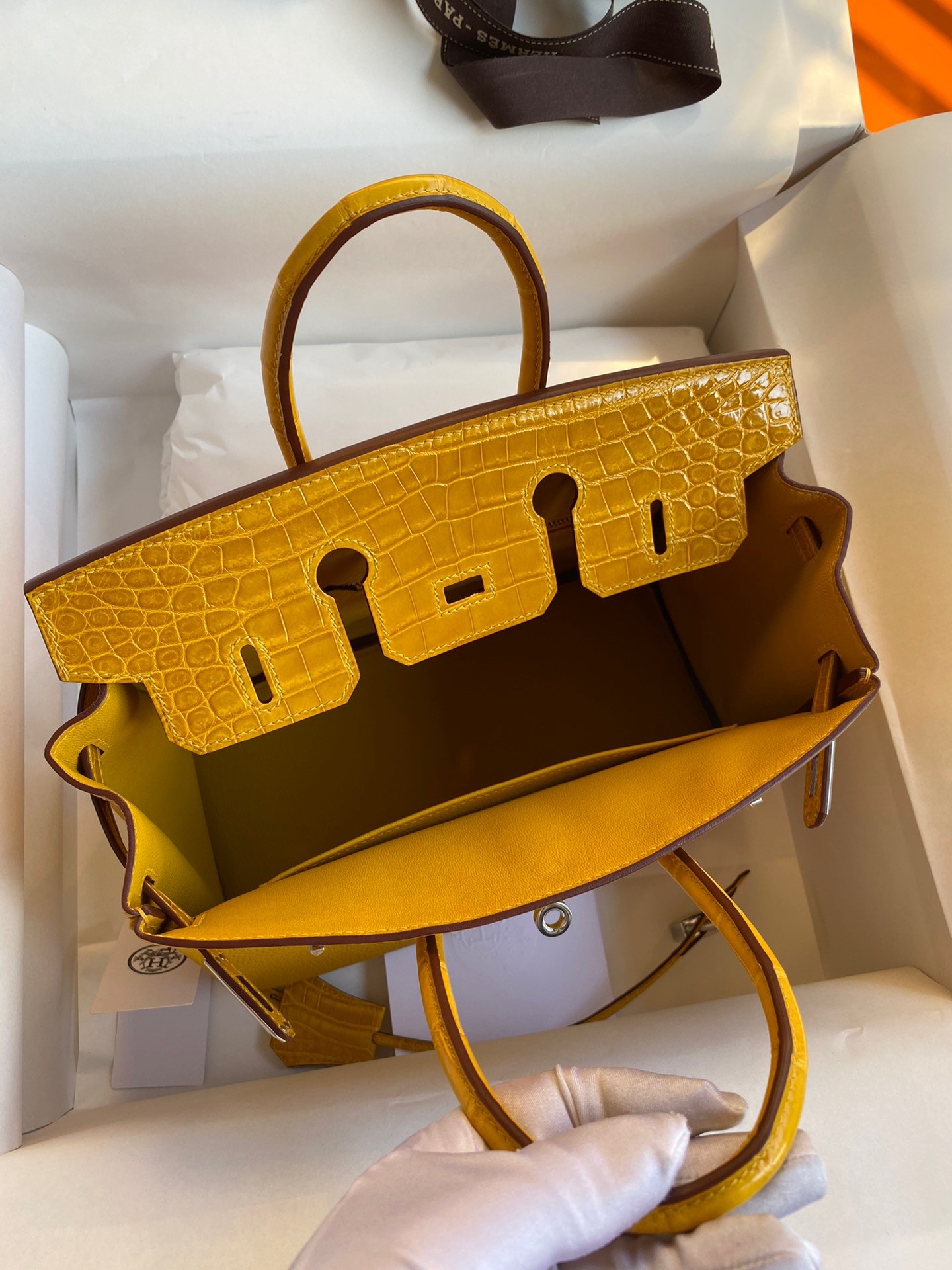 H**mes touch birkin 25 bag in yellow togo and matte alligator leather