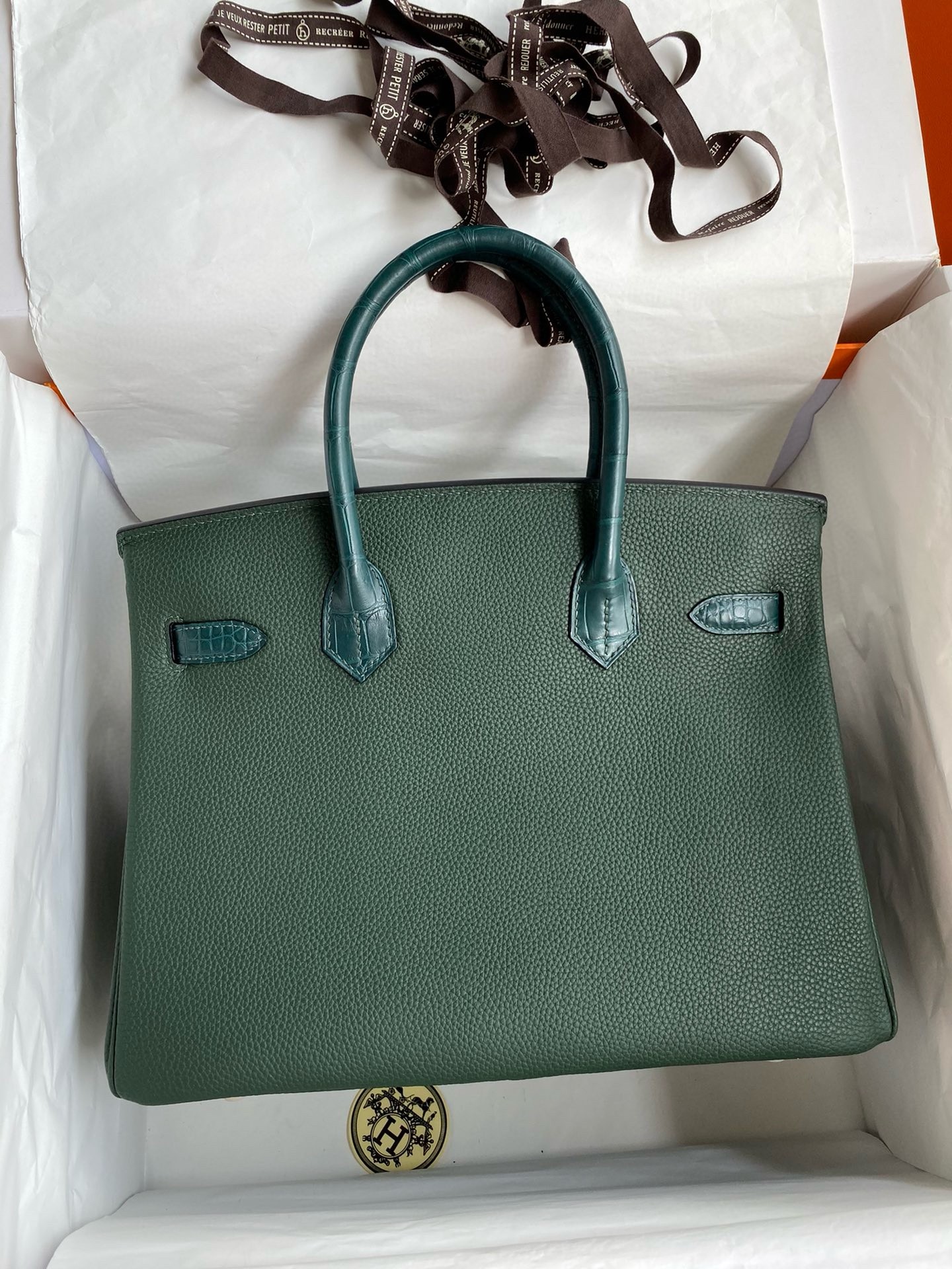 H**mes touch birkin 30 bag in green clemence and matte alligator leather