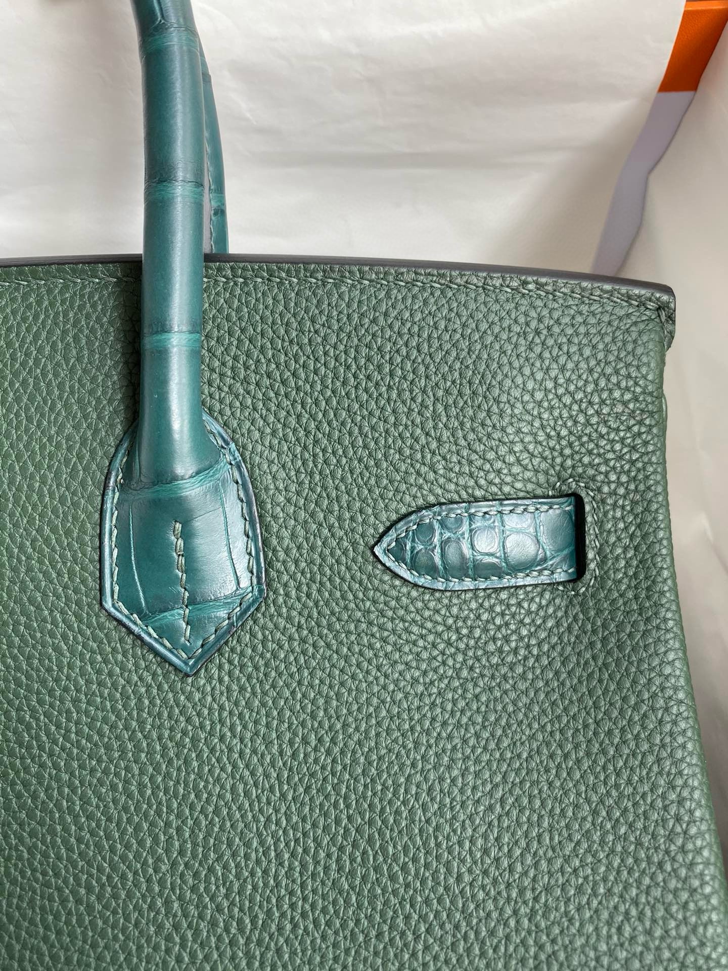 H**mes touch birkin 30 bag in green clemence and matte alligator leather