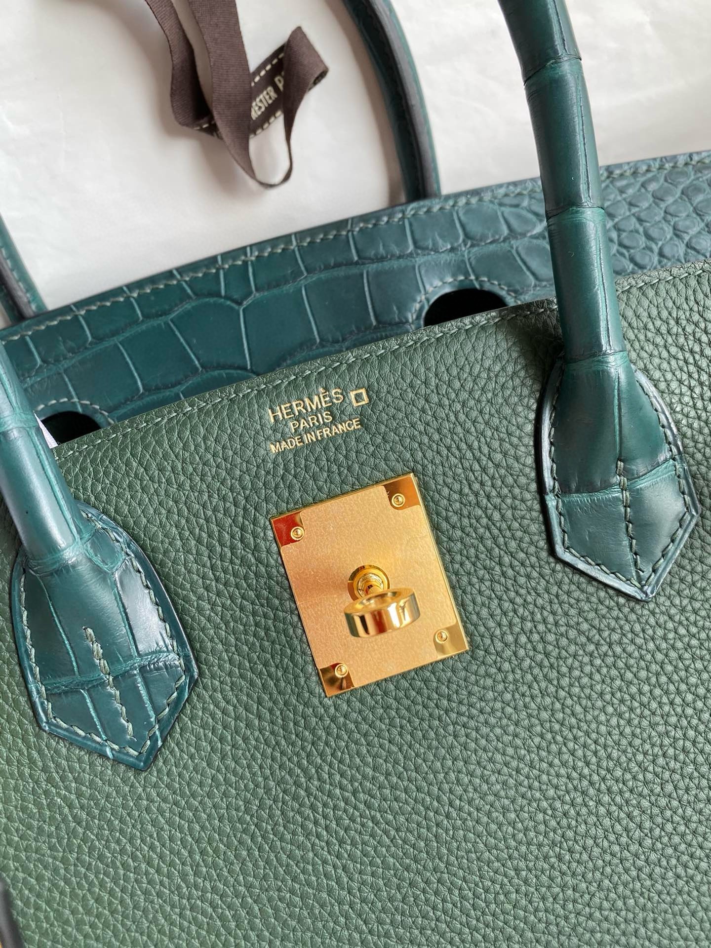 H**mes touch birkin 30 bag in green clemence and matte alligator leather