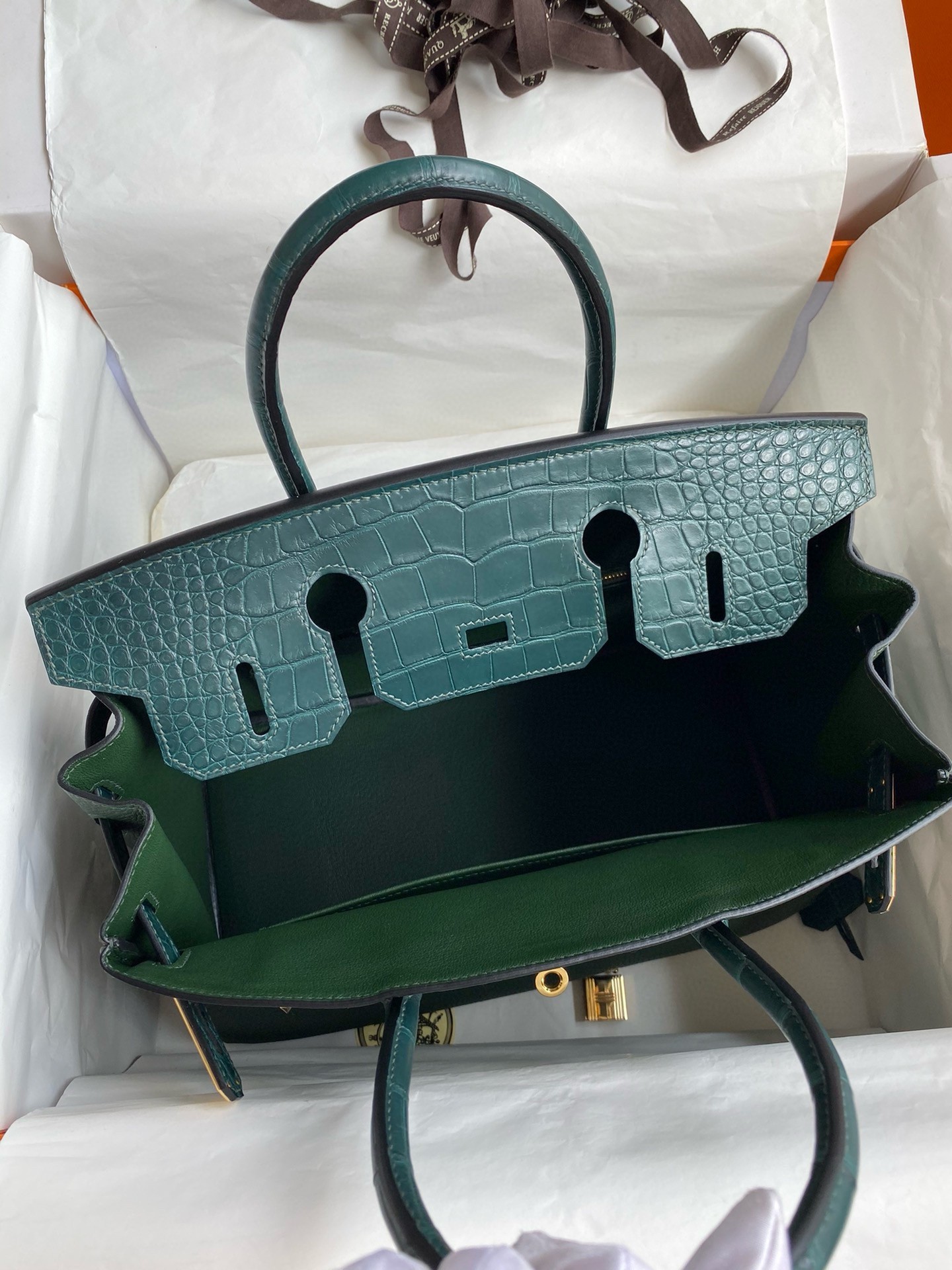 H**mes touch birkin 30 bag in green clemence and matte alligator leather