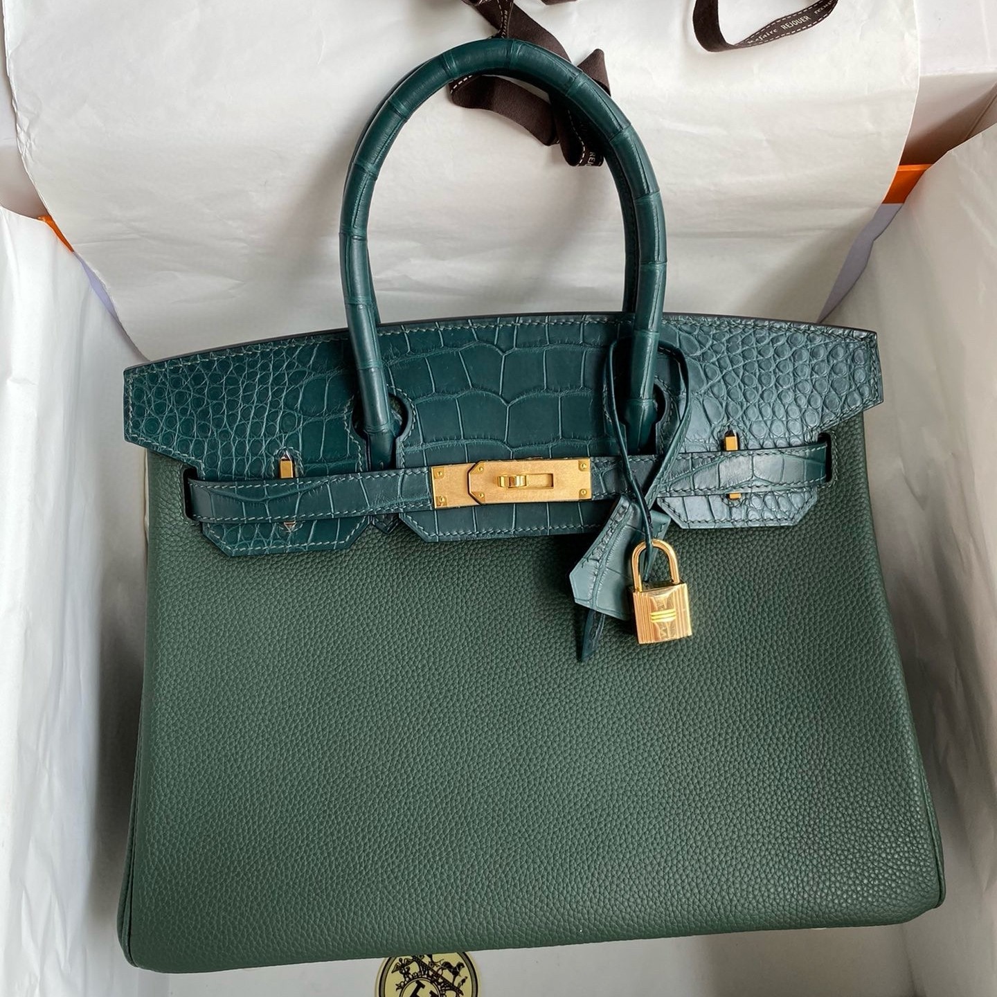 H**mes touch birkin 30 bag in green clemence and matte alligator leather