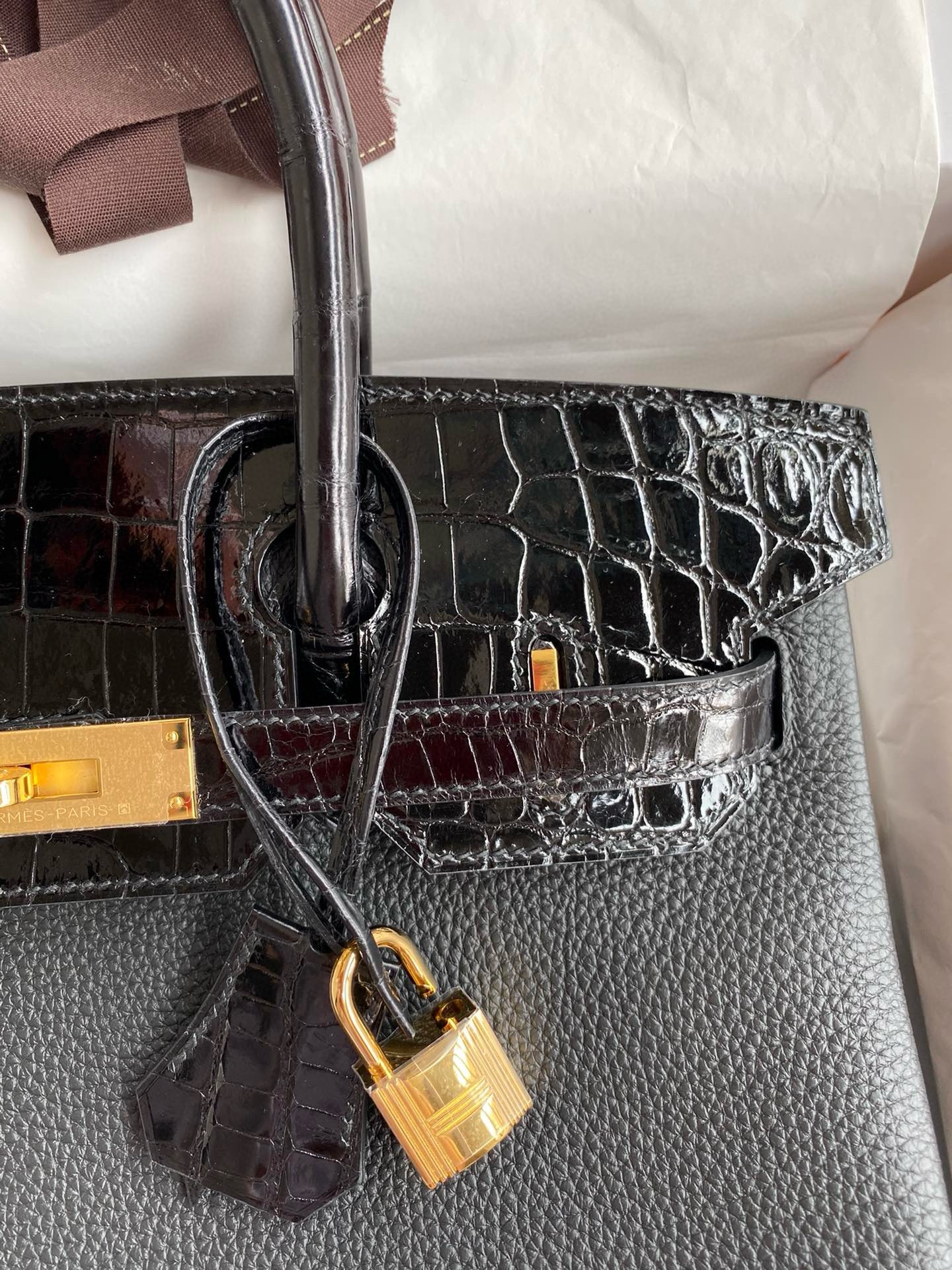 H**mes touch birkin 30 bag in black clemence and shiny niloticus crocodile skin