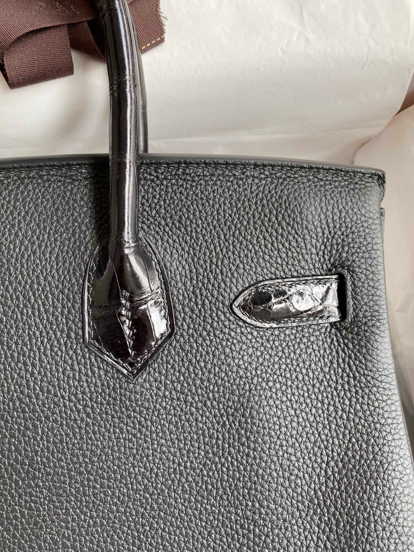 H**mes touch birkin 30 bag in black clemence and shiny niloticus crocodile skin