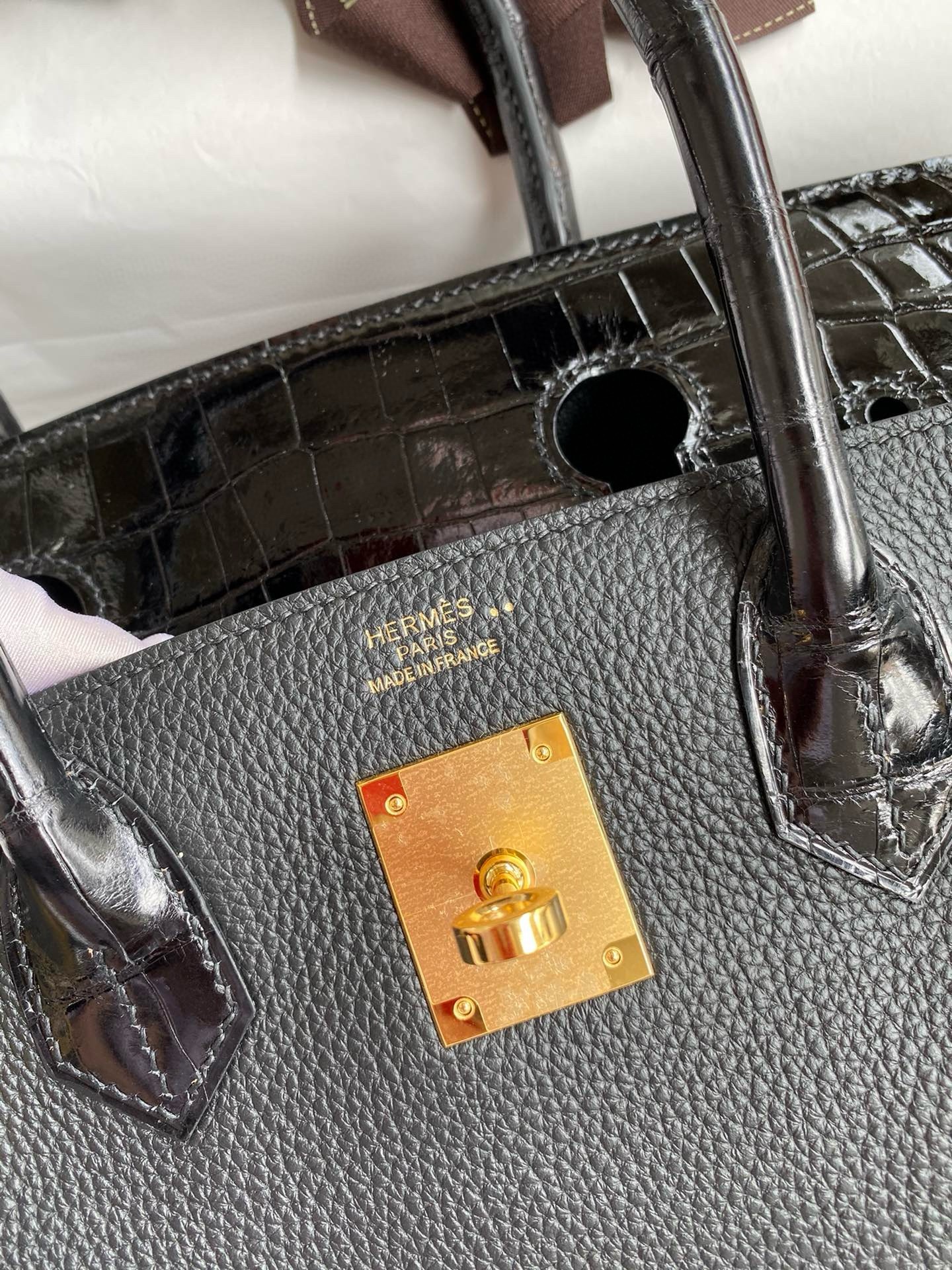H**mes touch birkin 30 bag in black clemence and shiny niloticus crocodile skin