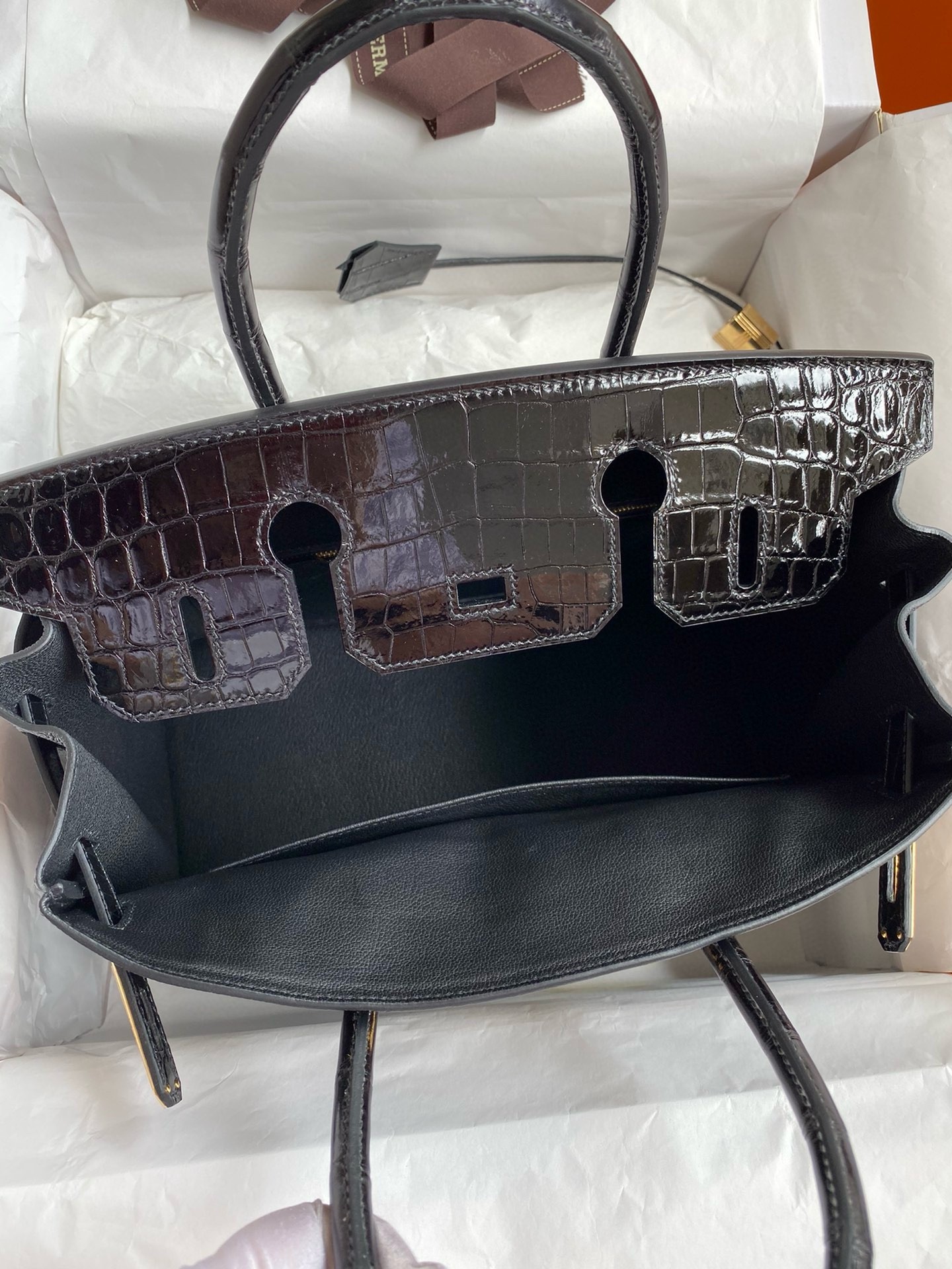 H**mes touch birkin 30 bag in black clemence and shiny niloticus crocodile skin