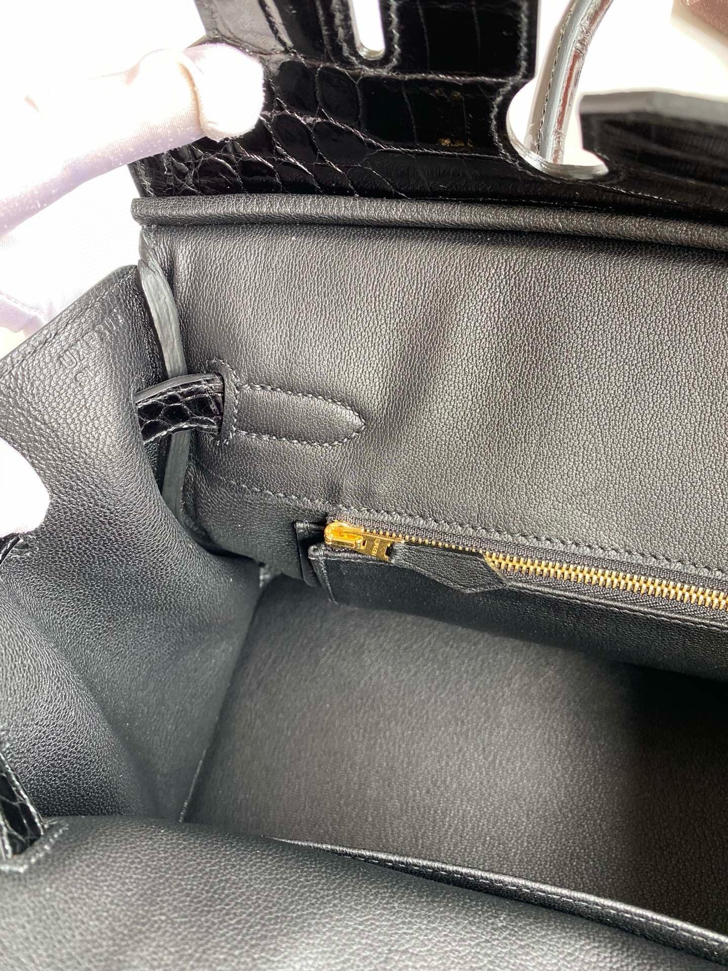 H**mes touch birkin 30 bag in black clemence and shiny niloticus crocodile skin