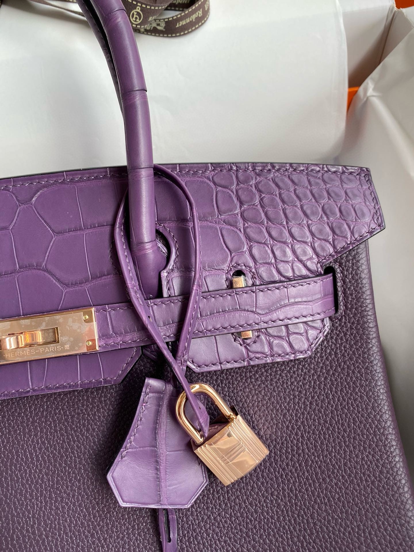 H**mes touch birkin 30 bag in raisin clemence and matte alligator leather