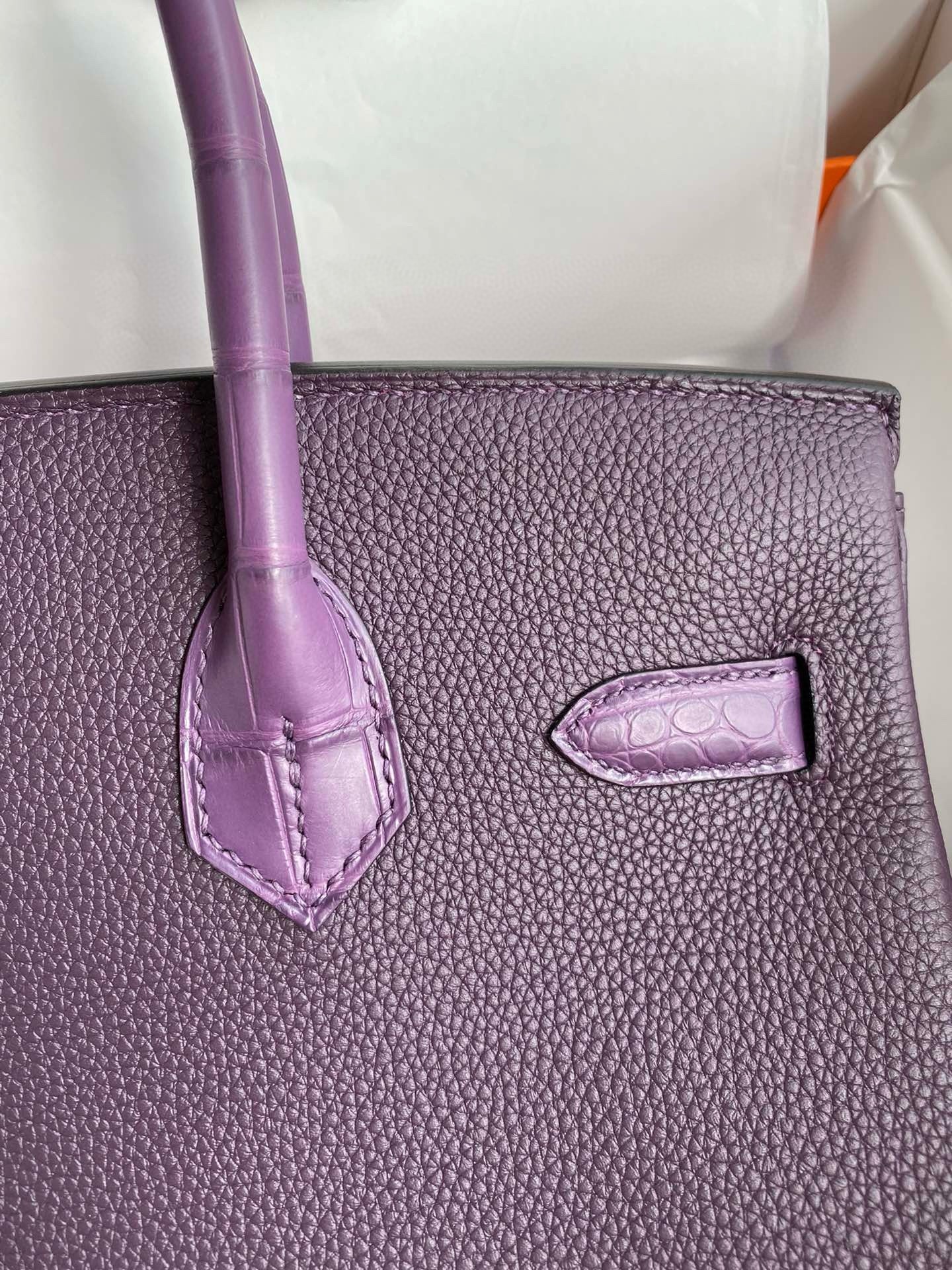 H**mes touch birkin 30 bag in raisin clemence and matte alligator leather