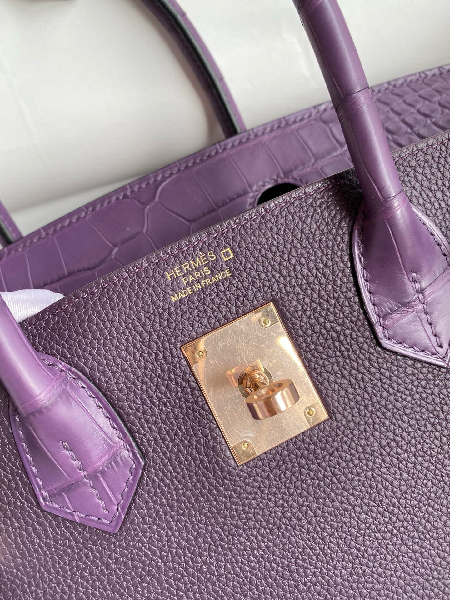 H**mes touch birkin 30 bag in raisin clemence and matte alligator leather