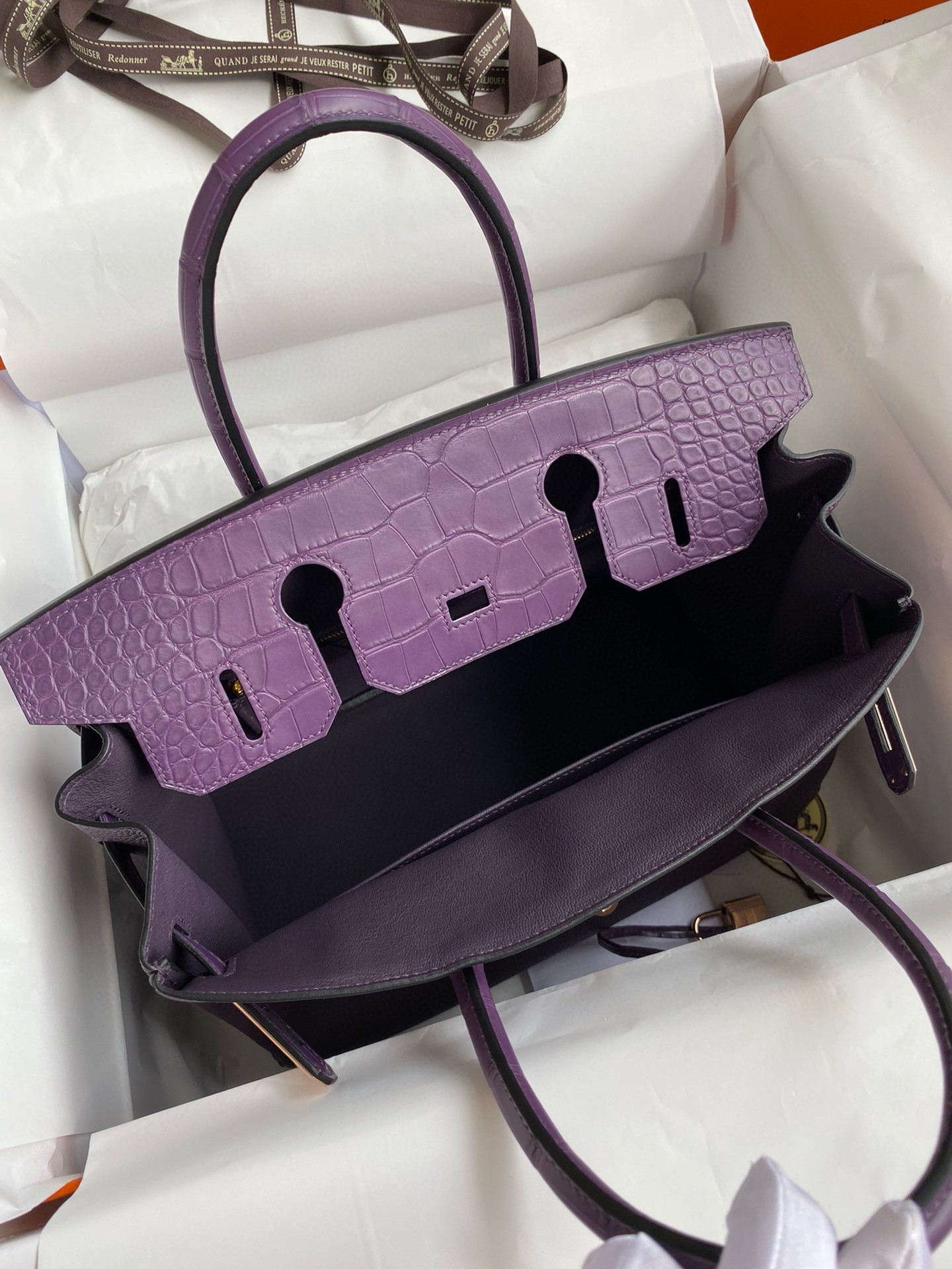 H**mes touch birkin 30 bag in raisin clemence and matte alligator leather