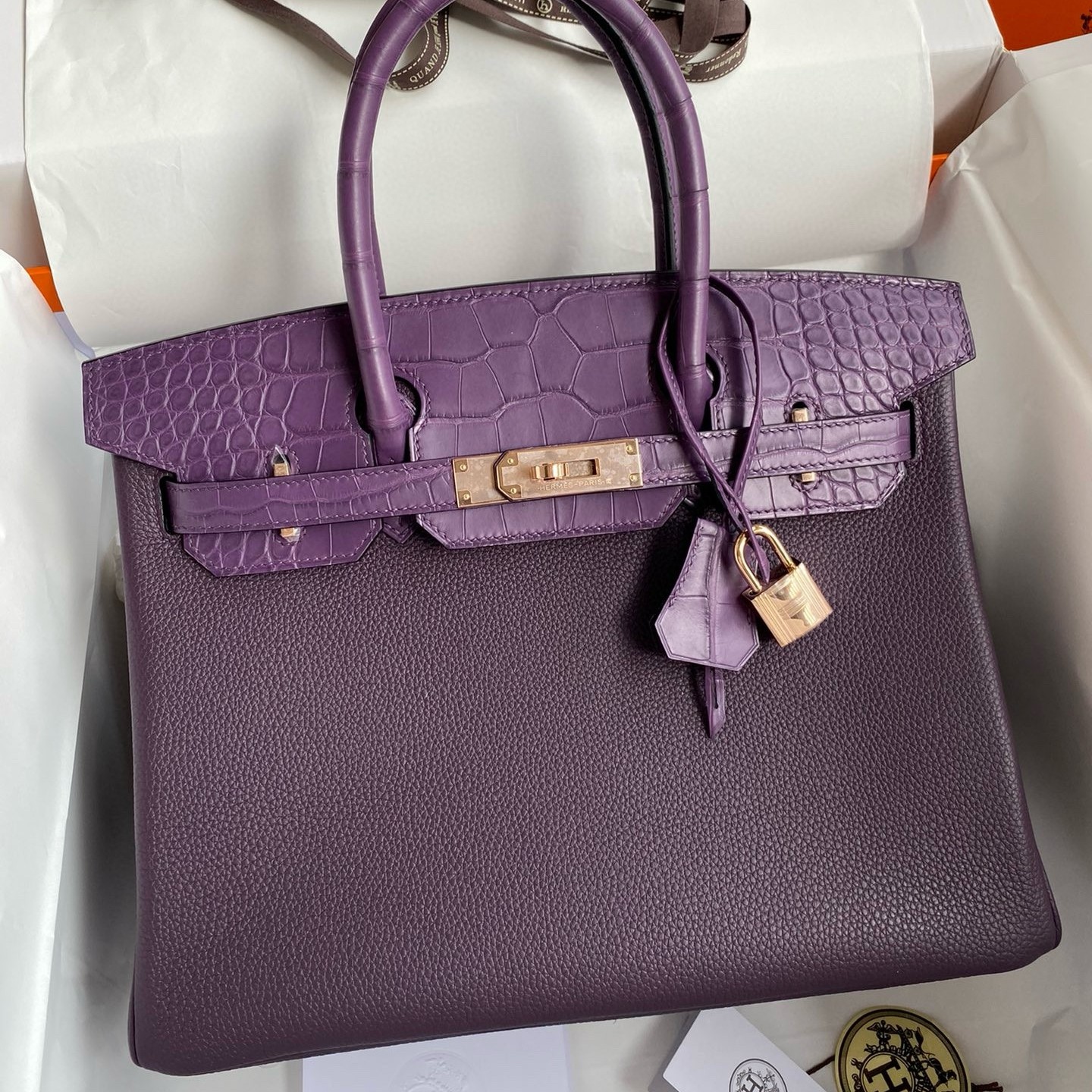 H**mes touch birkin 30 bag in raisin clemence and matte alligator leather