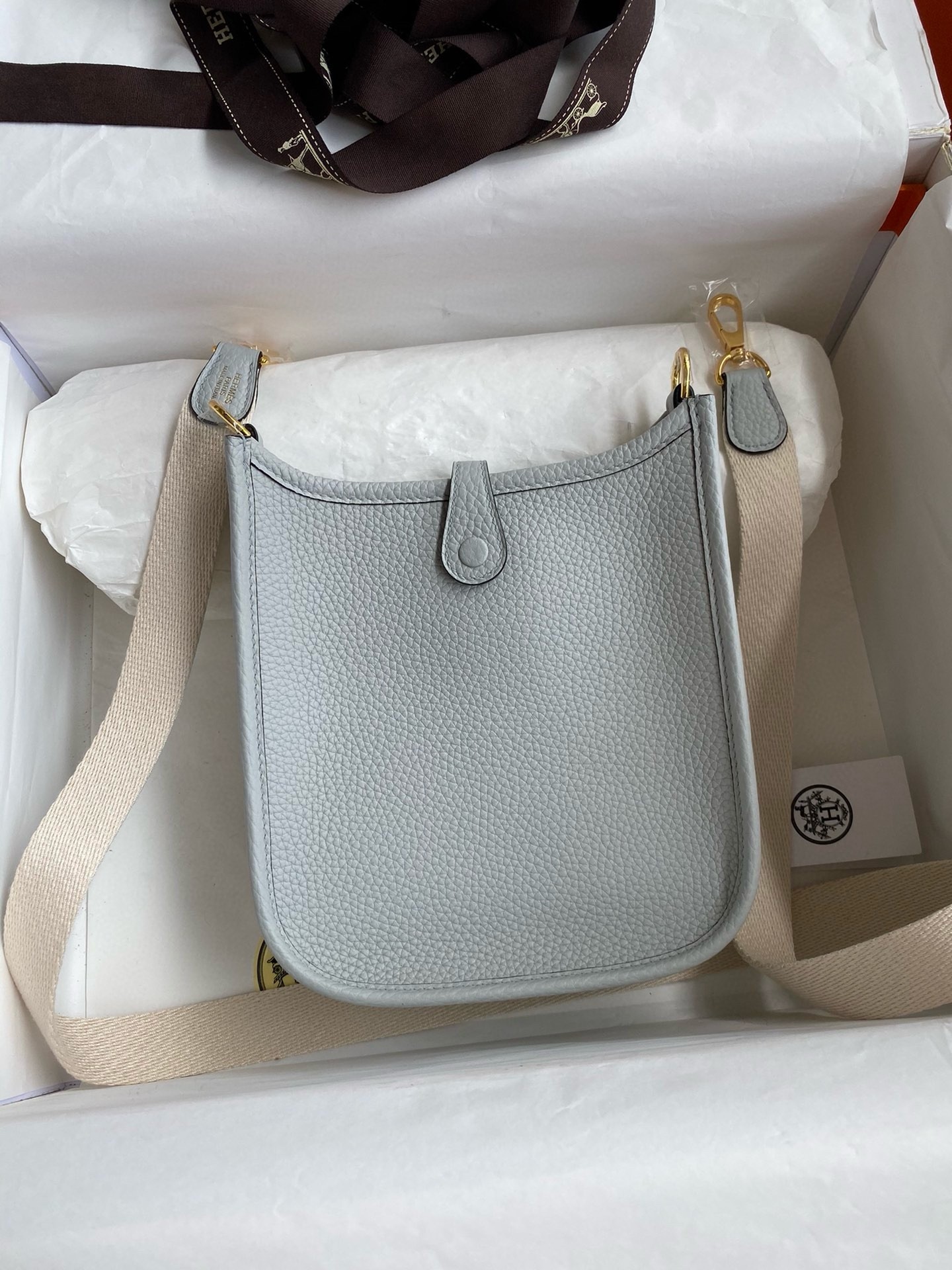 H**mes evelyne mini handmade bag in blue brume clemence leather