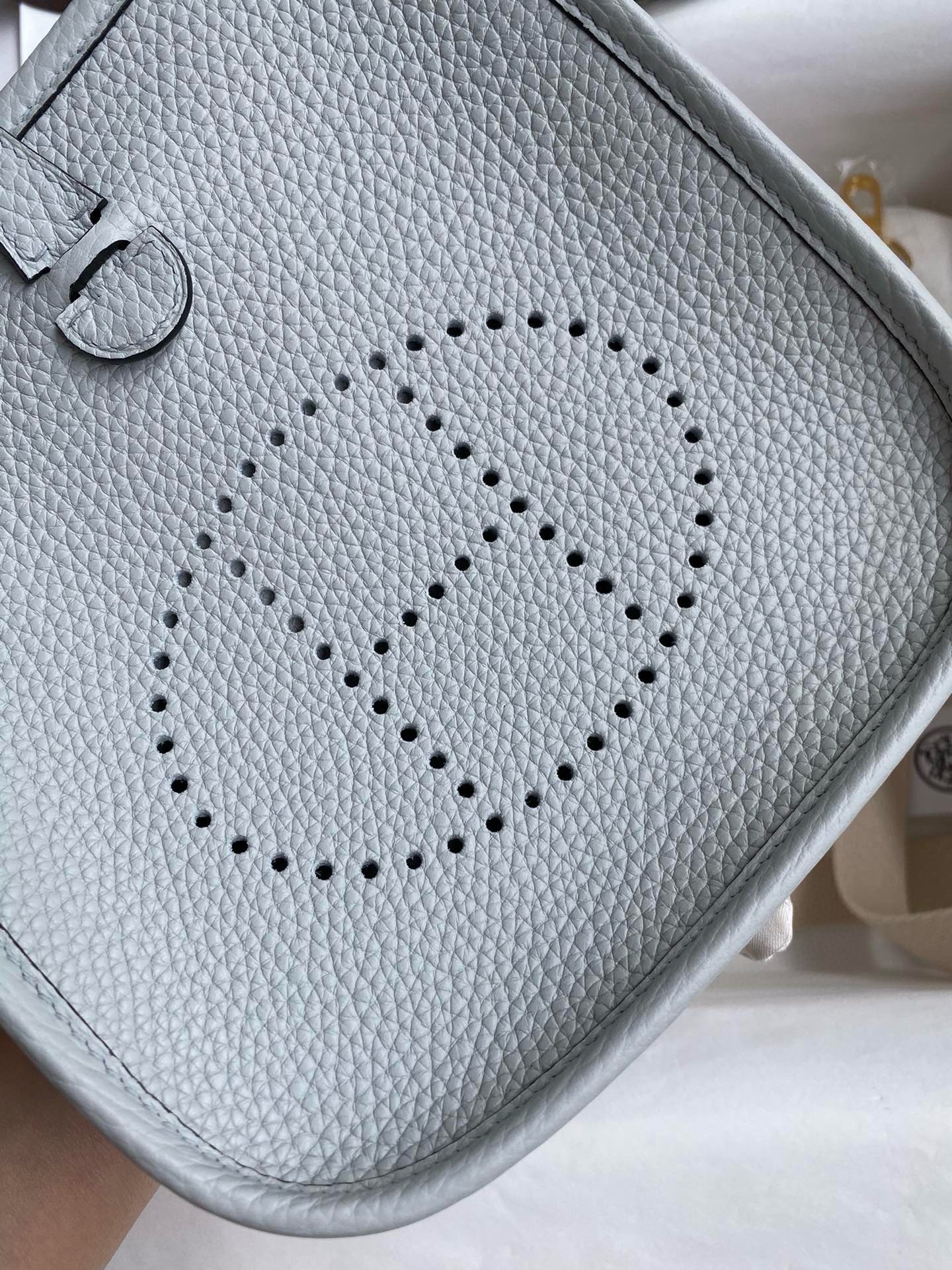 H**mes evelyne mini handmade bag in blue brume clemence leather