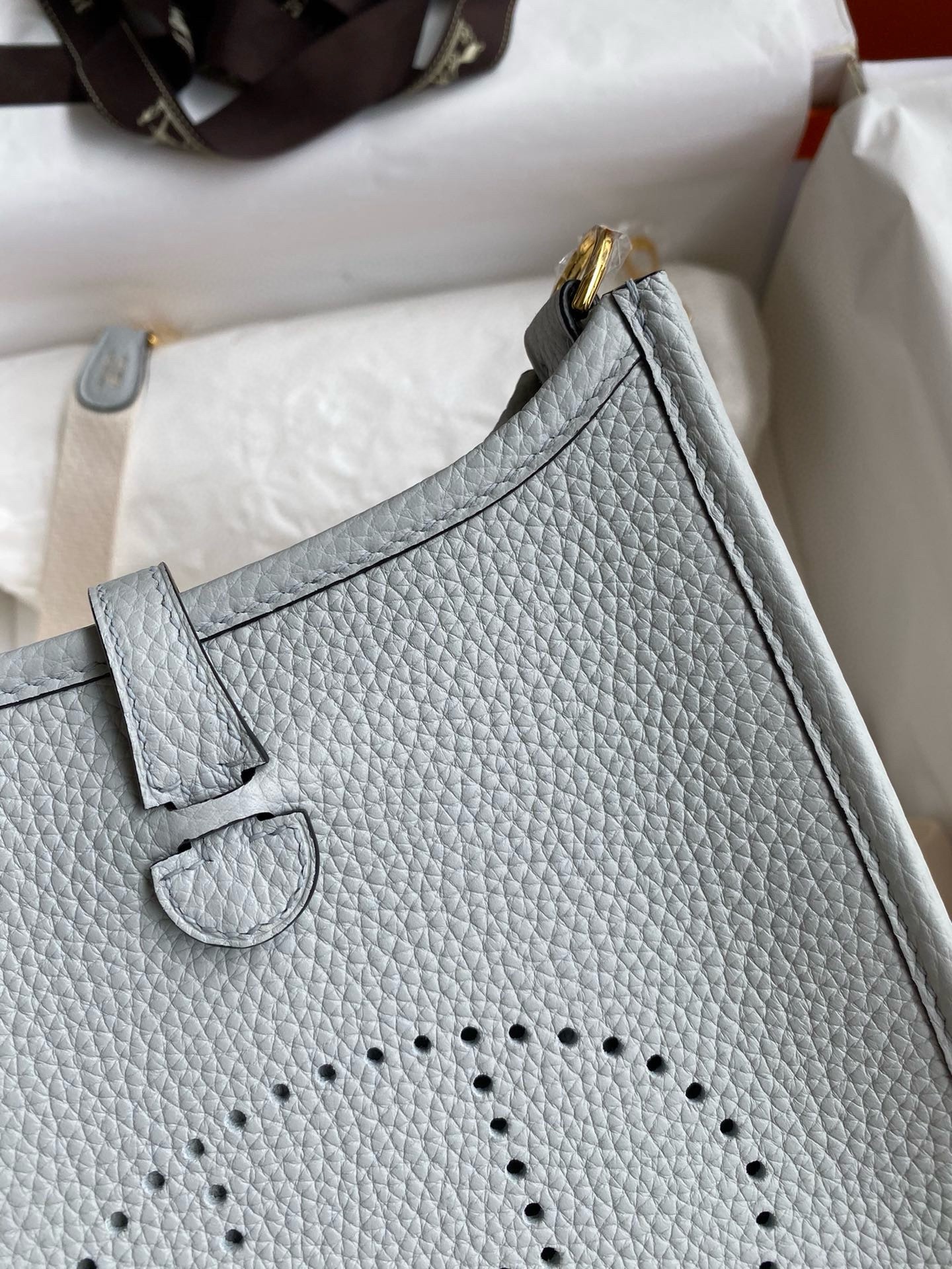 H**mes evelyne mini handmade bag in blue brume clemence leather