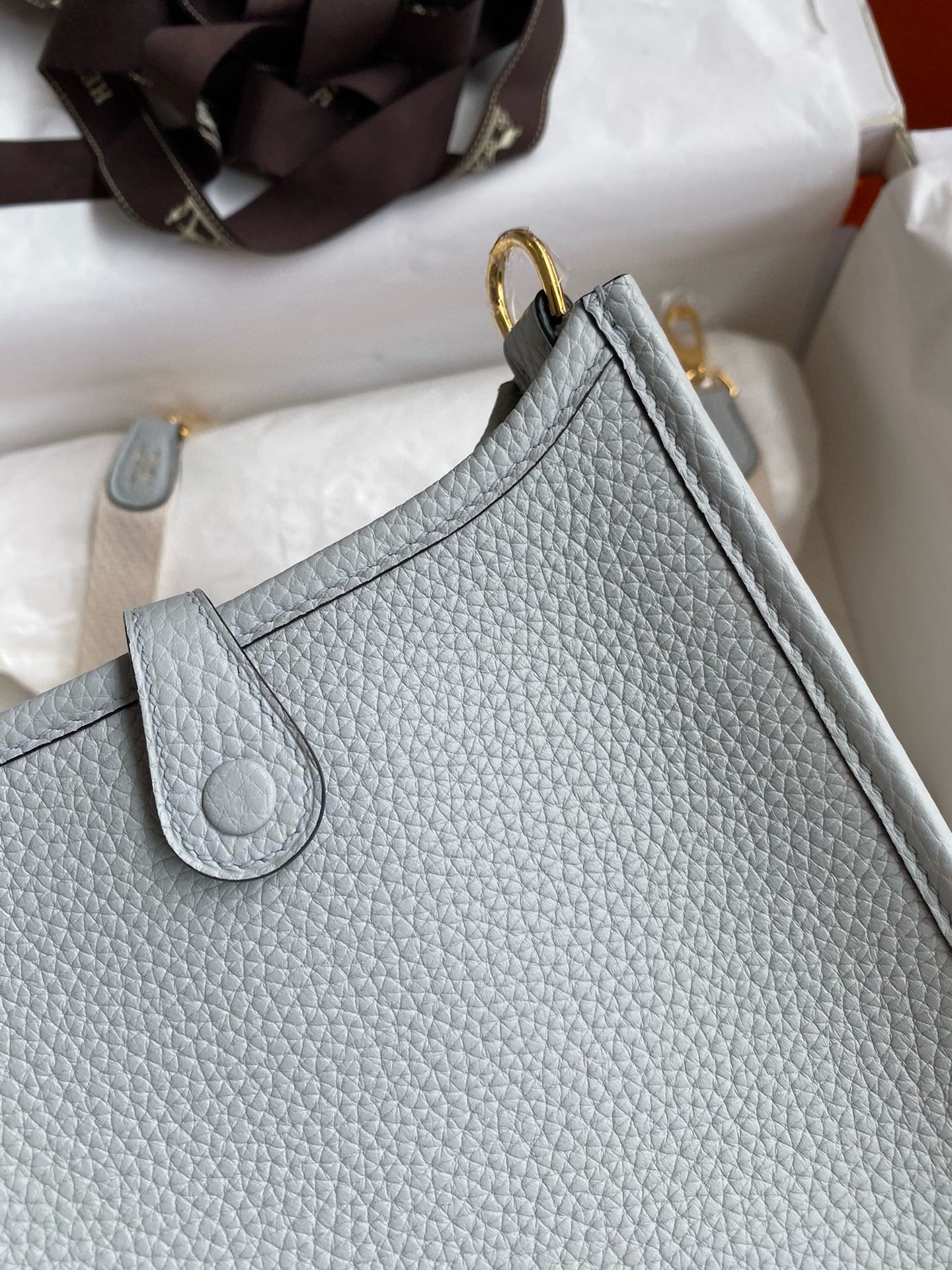 H**mes evelyne mini handmade bag in blue brume clemence leather