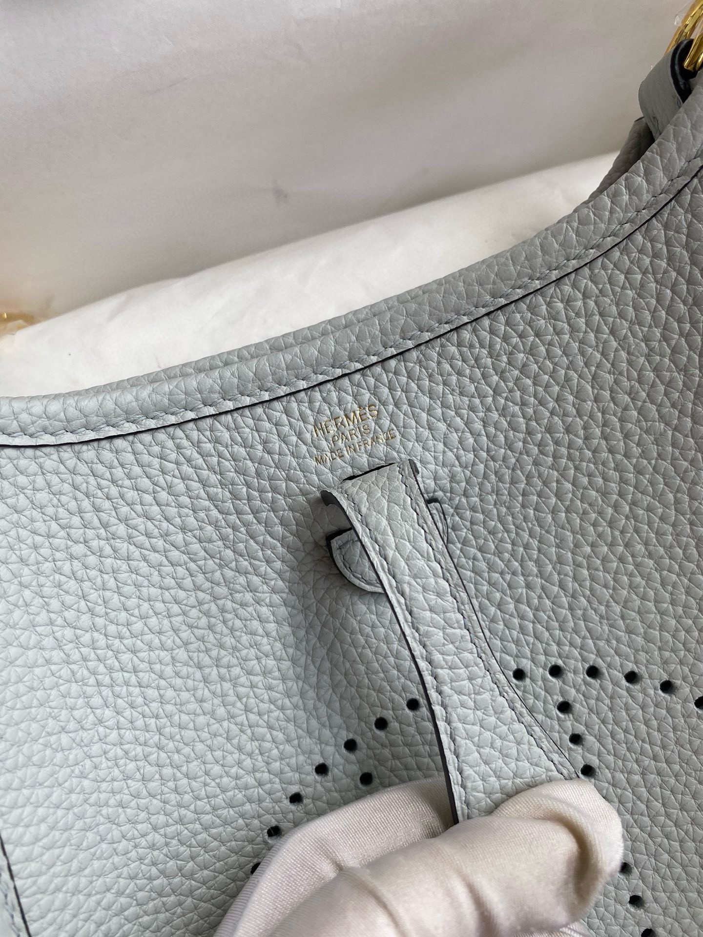 H**mes evelyne mini handmade bag in blue brume clemence leather