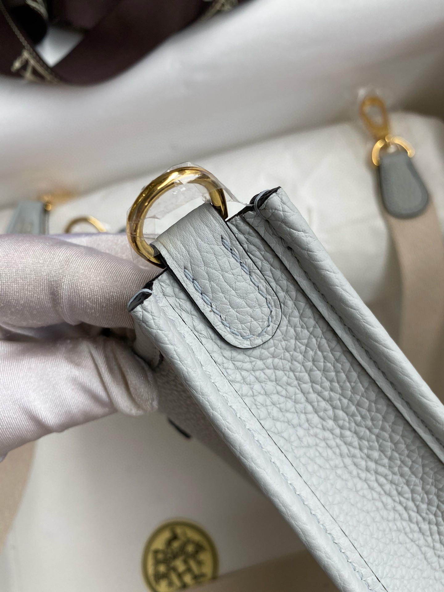 H**mes evelyne mini handmade bag in blue brume clemence leather