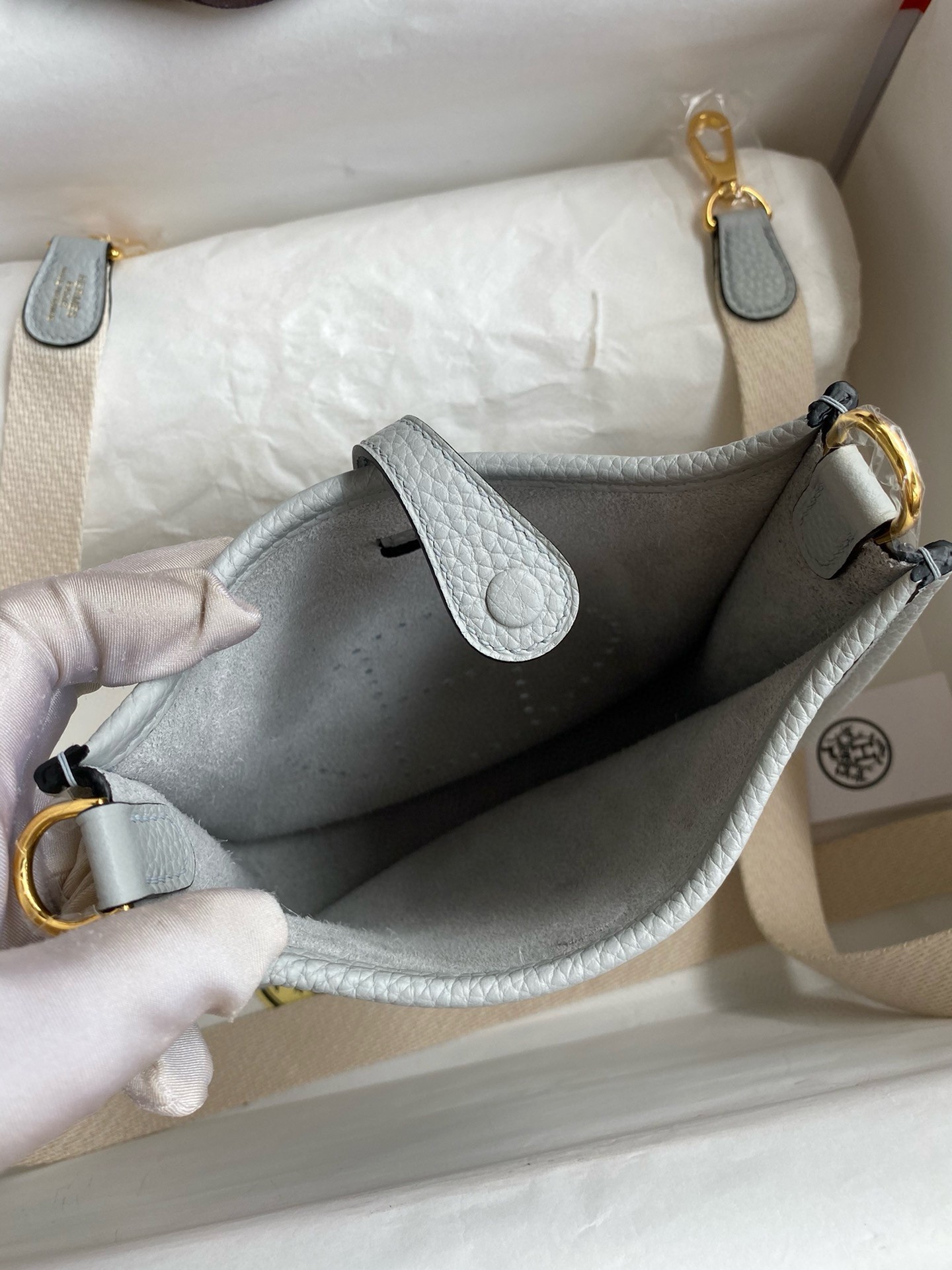 H**mes evelyne mini handmade bag in blue brume clemence leather
