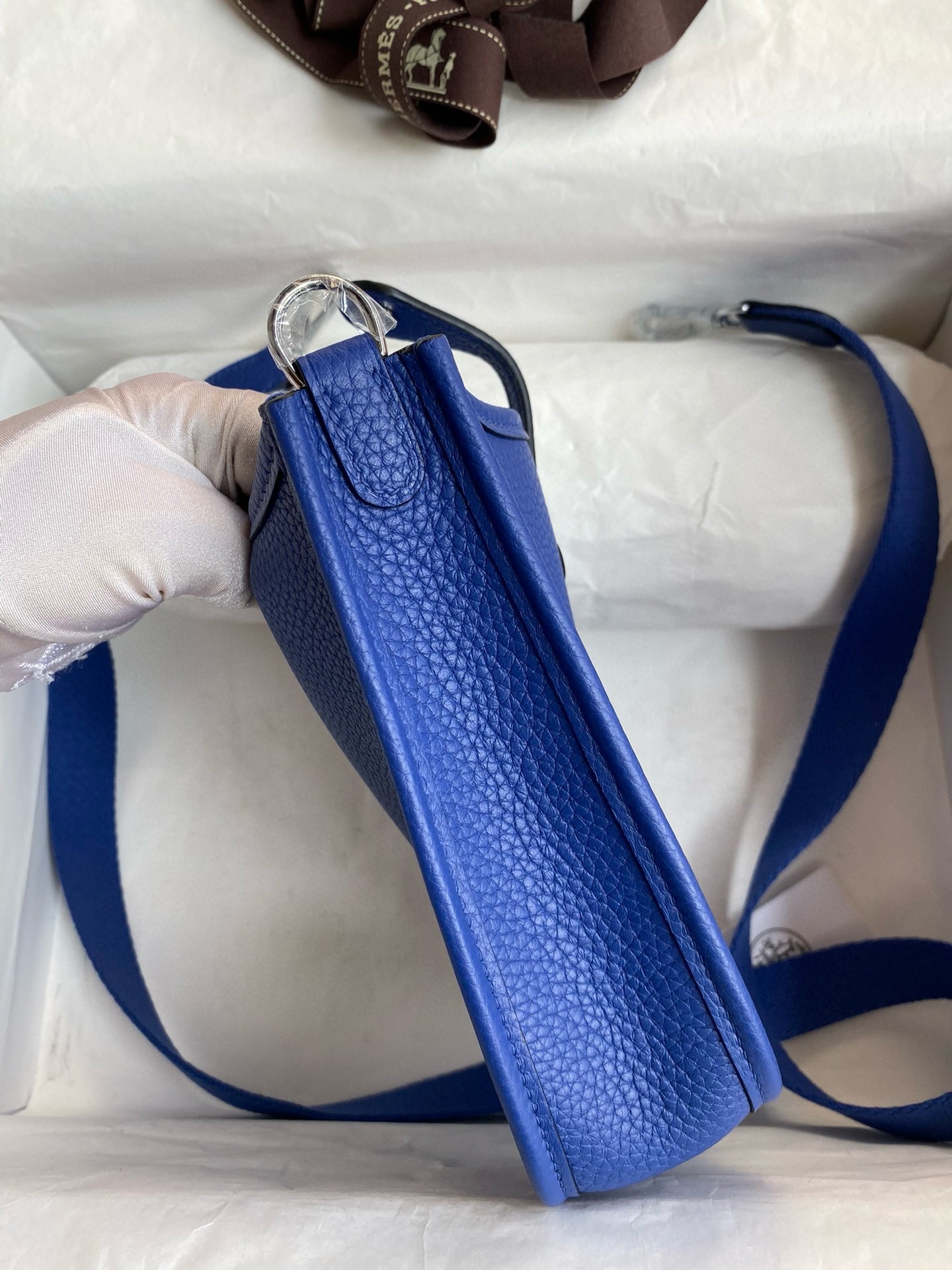 H**mes evelyne mini handmade bag in blue electric clemence leather