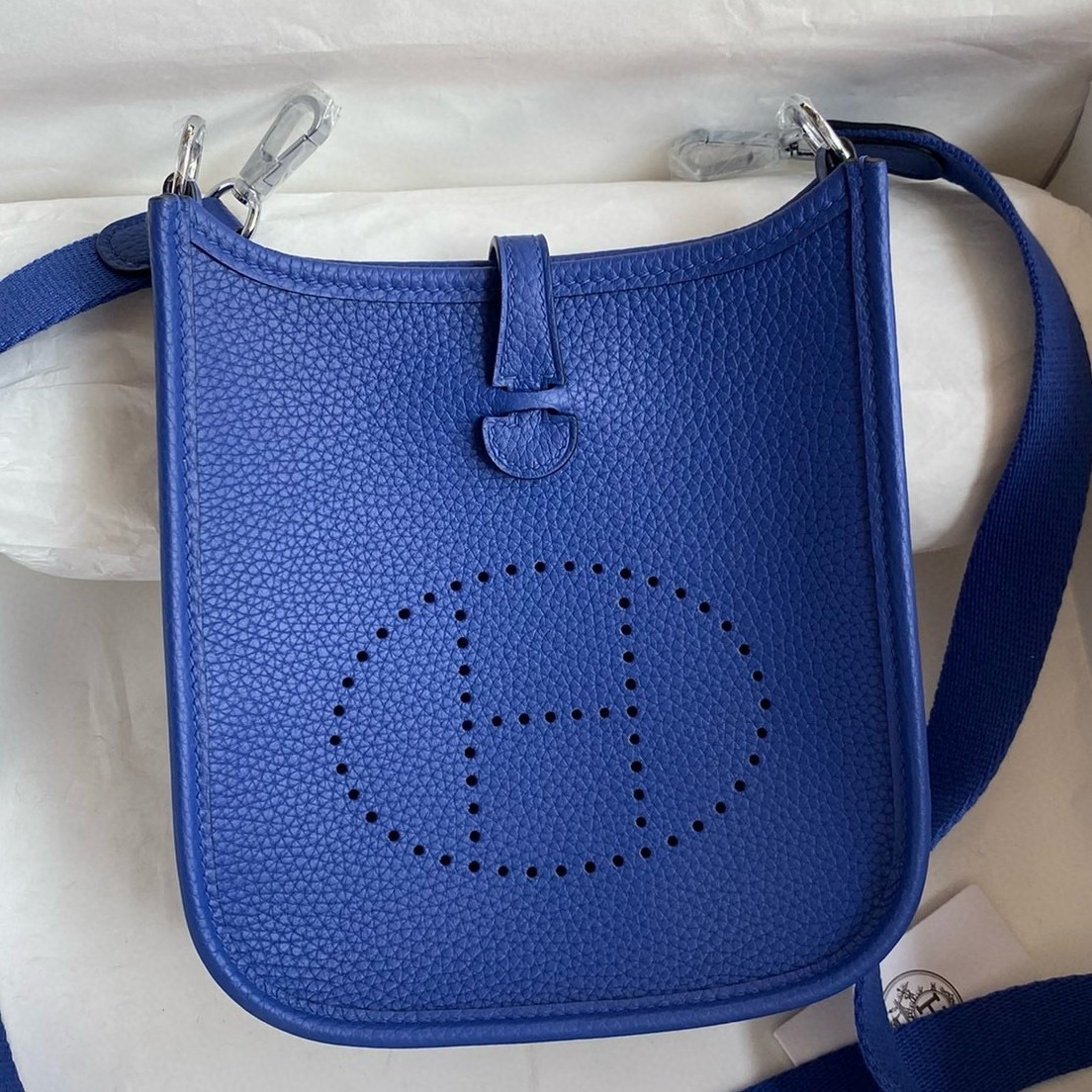 H**mes evelyne mini handmade bag in blue electric clemence leather